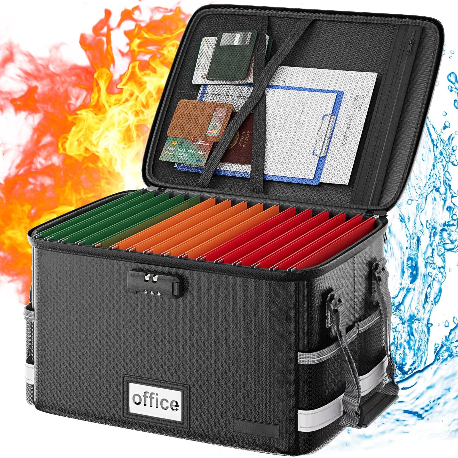 HuolewaFireproof File Organizer Box With Lock, Collapsible Fireproof Important Document Organizer Box, Portable Travel/Home/Office File Safe Box with Handle for Documents Folders Storage -Black