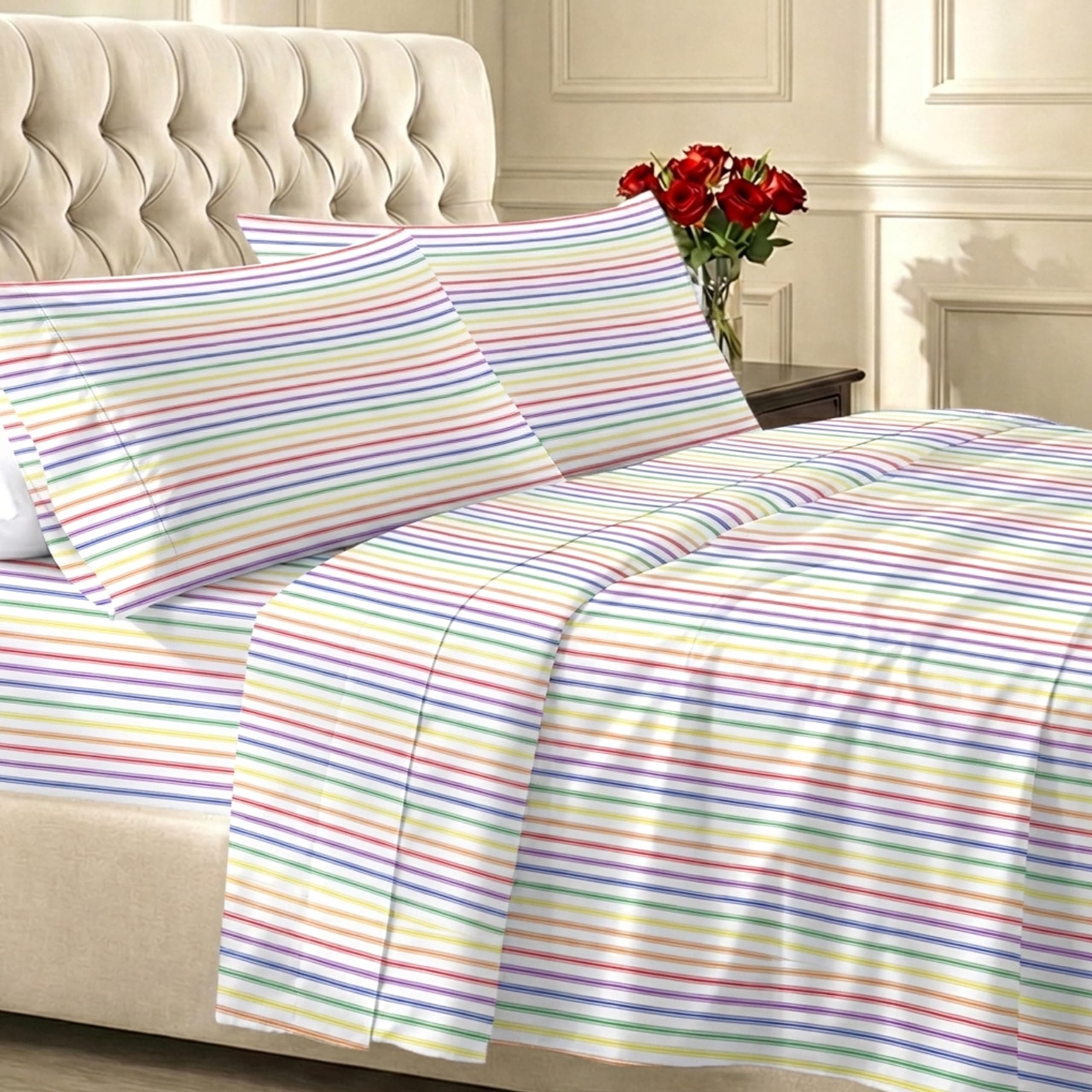 California Design Den Striped Queen Sheet Set - 400 Thread Count Sateen, Natural 100% Cotton Sheet Set Queen Size, Deep Pocket and Durable Bedding - Rainbow Striped