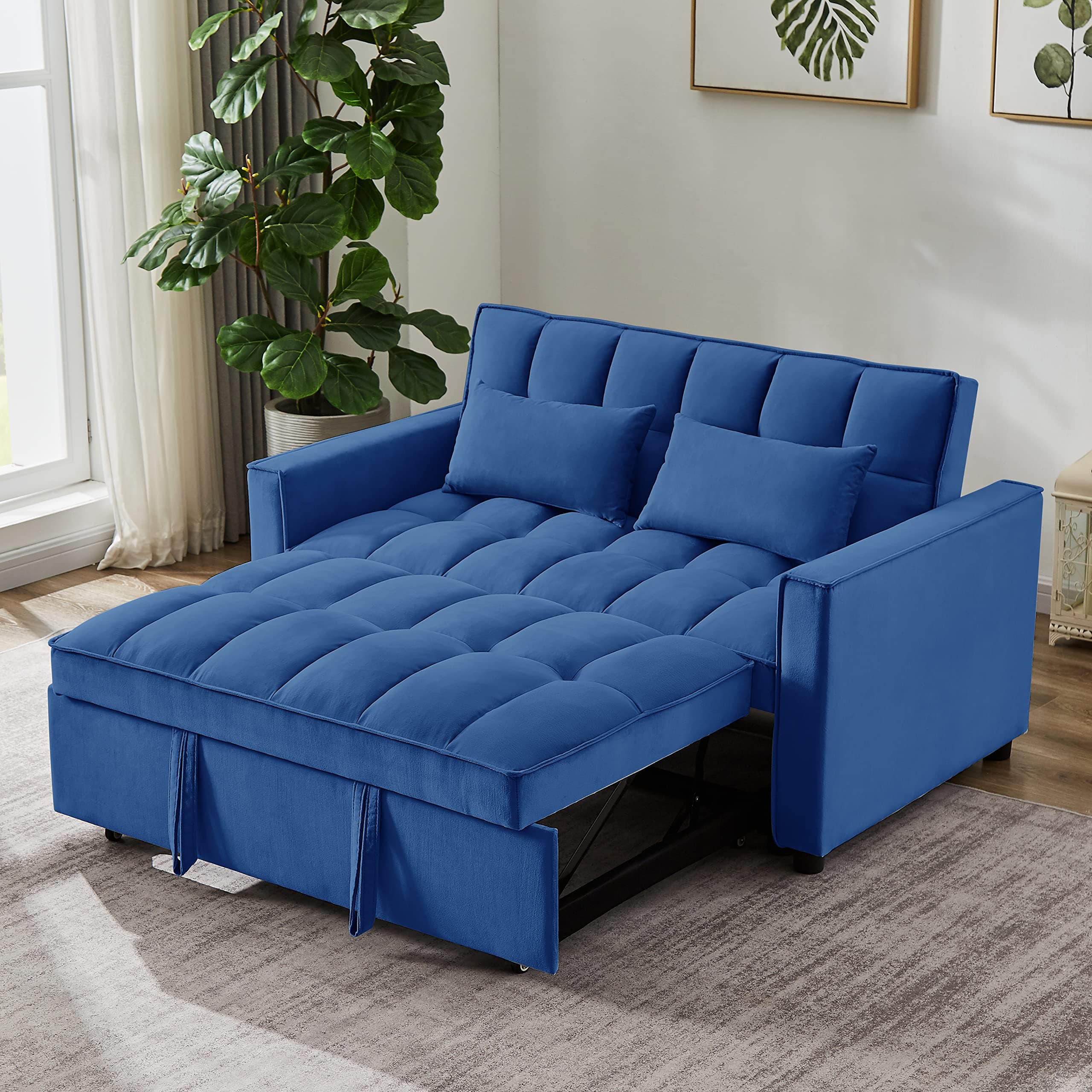 KLMM Modern Convertible Sofa Bed with Adjustable Backrest and 2 Lumbar Pillows, Velvet Loveseat Sleeper Sofa Couch with Pull-Out Bed for Small Spaces (Blue+Velvet9)