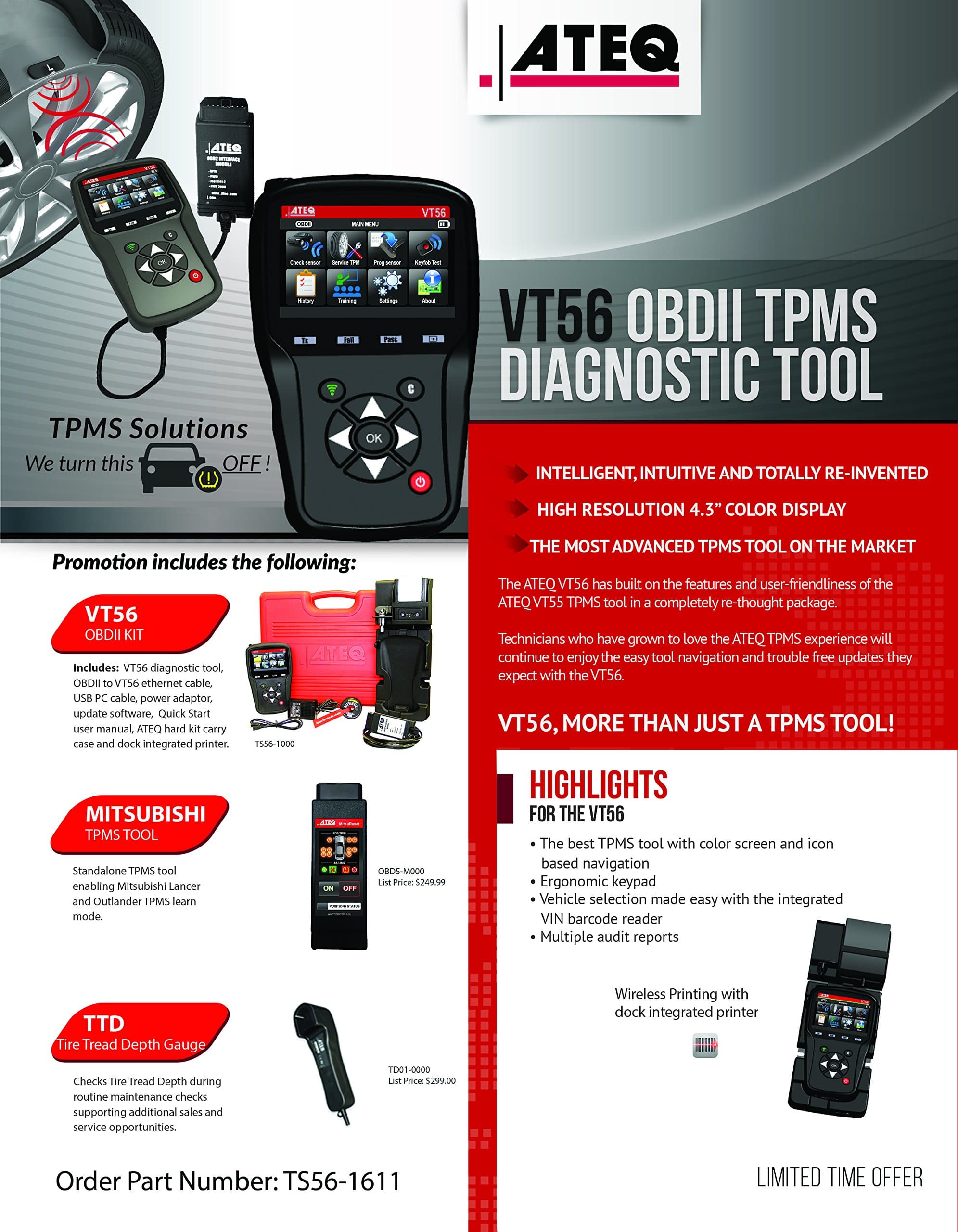 ATEQ VT56 Promotional Package TPMS Reset Tool Tread Depth Reader & Mitsubishi Reset Tool