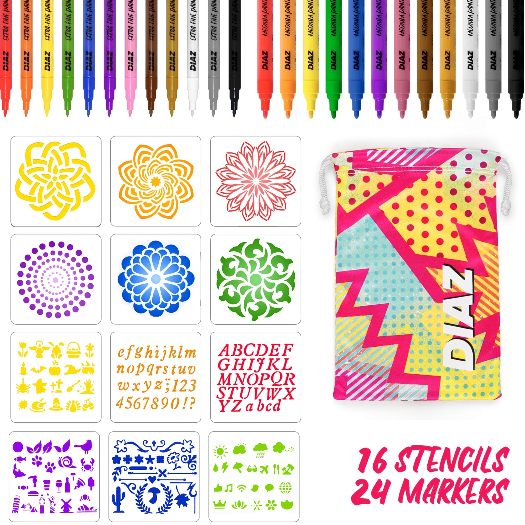 24 Acrylic Paint Pens | 12 Medium Tip + 12 Extra-Fine Tip | Paint Markers Come With FREE Stencils, Carry Case, E-Book | Rock Painting, Stone, Metal, Ceramic, Porcelain, Glass, Wood, Fabric, Canvas