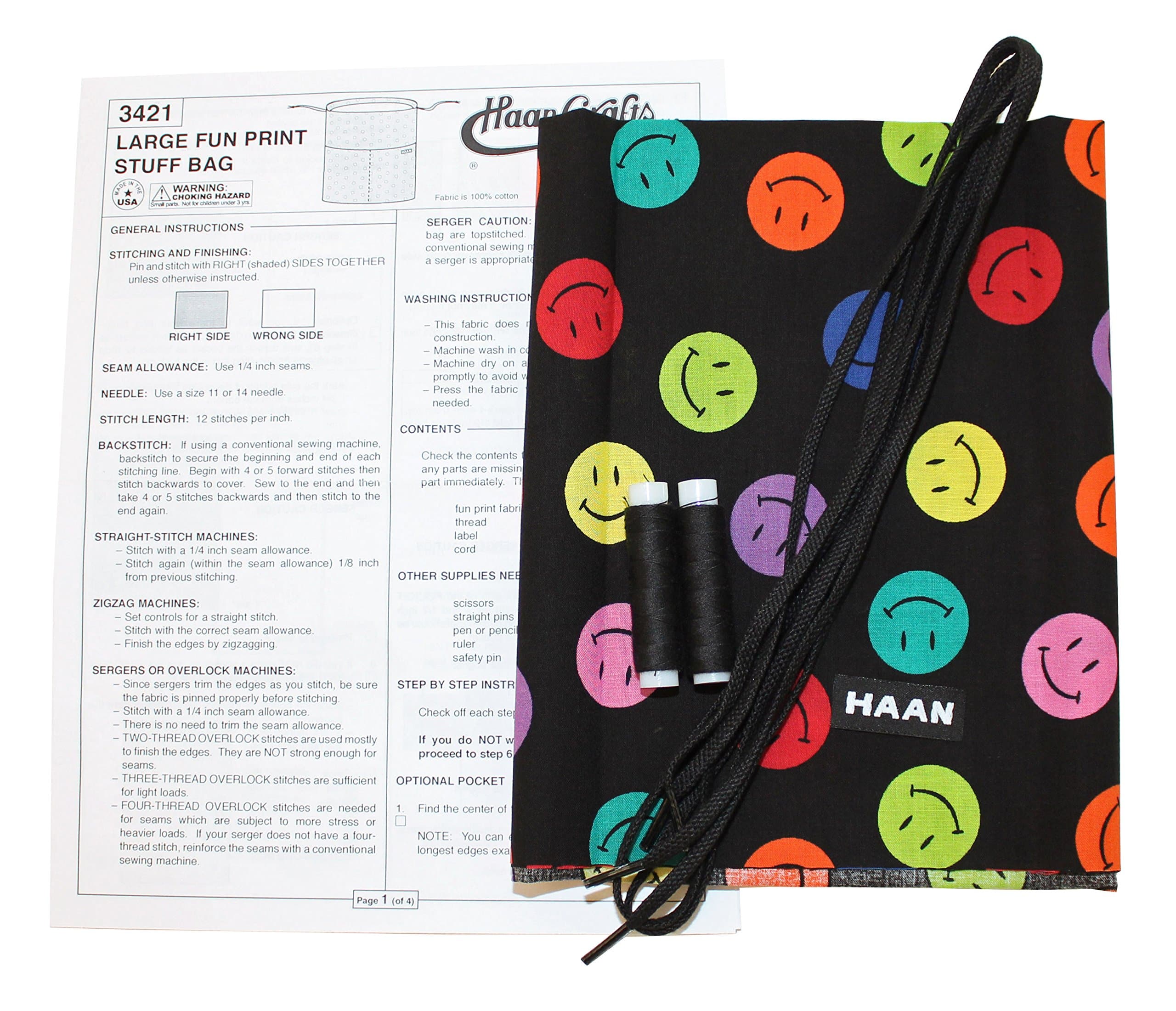 Haan Crafts Fun Print Stuff Bag Sewing Kit, Smiley Faces