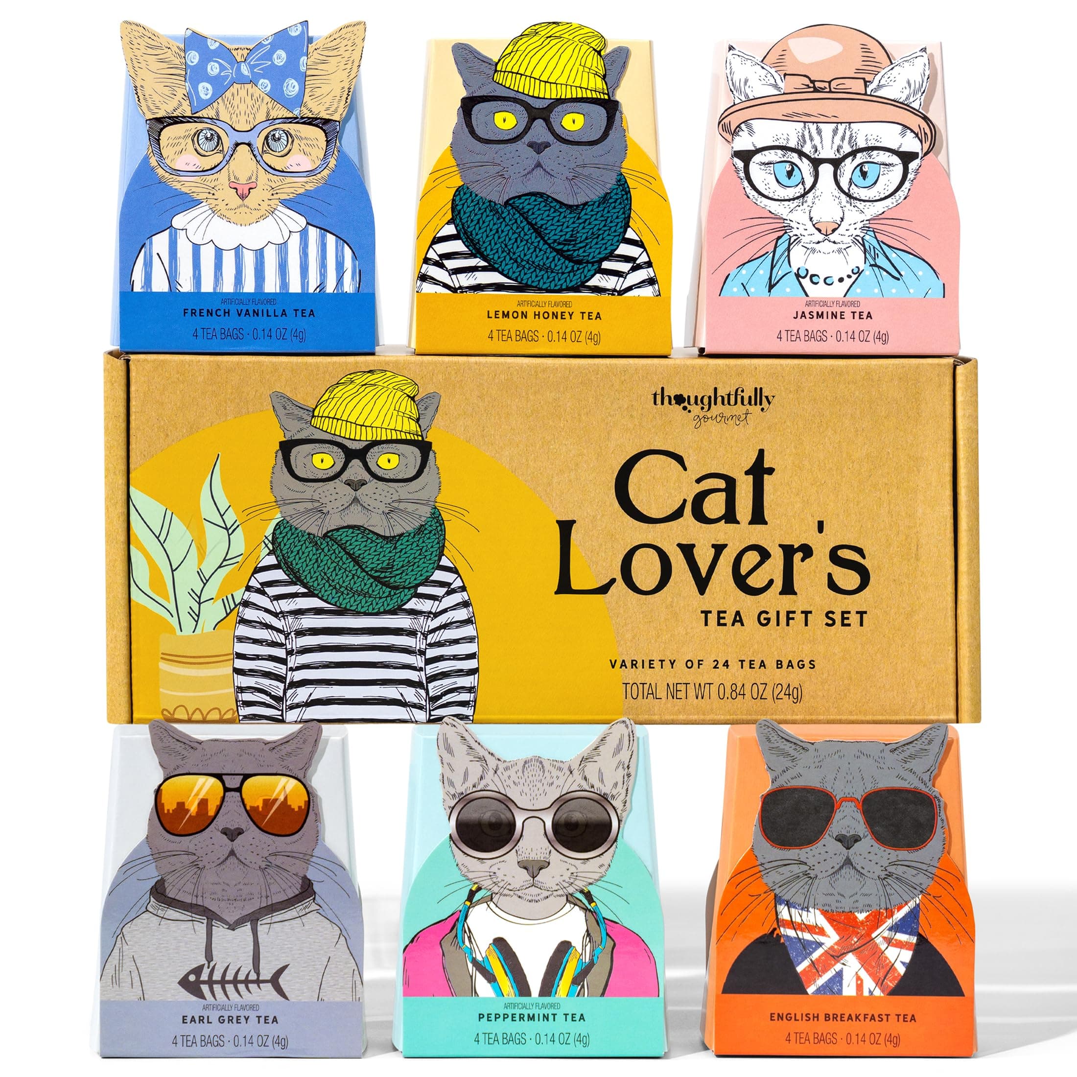 Gourmet, Cat Lover’s Tea Gift Set, Includes 24 Teas in 6 Flavours with Stylish Cat Art and Fun Quotes for Cat Moms and Cat Dads, Set of 24