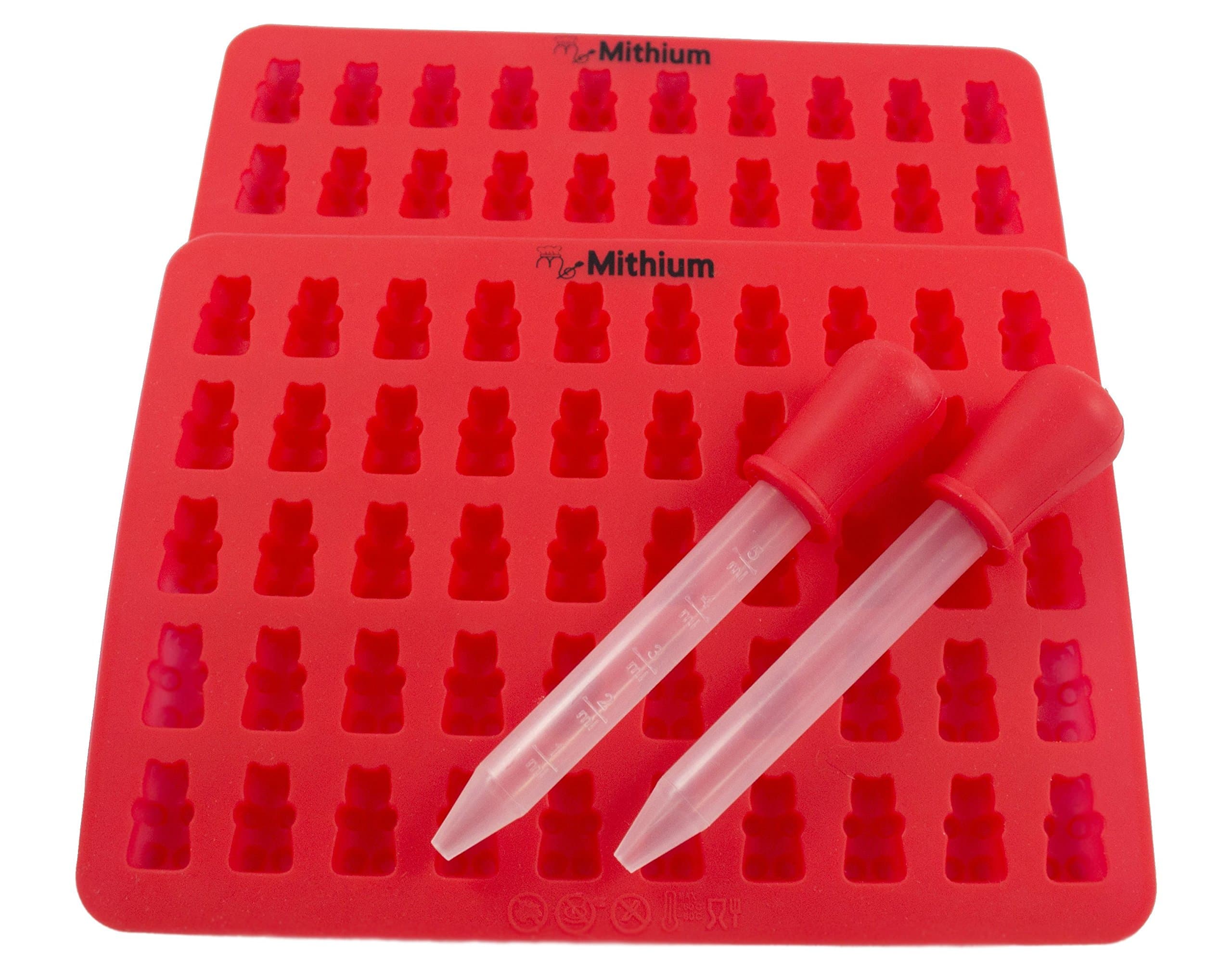 Mithium Silicone Gummy Bear 100 Cavity Mold Pack with Two Droppers for Hard Candy and Chocolate making - Ice Cube Trays - Party and Wedding Baking - Cherry Red