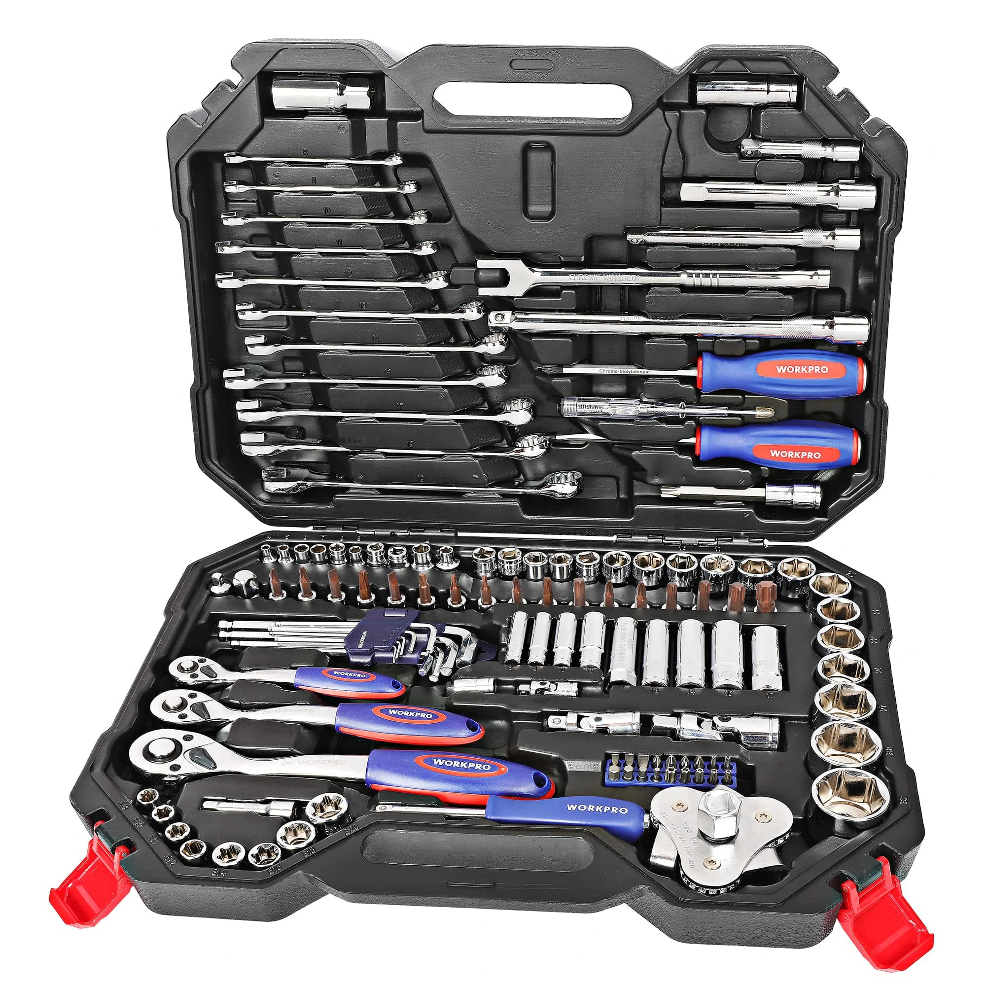 123-Piece Drive Socket Set, 1/2", 1/4", 3/8" CR-V Mechanic Tool Set with Quick-Release Ratchet Wrench, Spanners, Bit Set, Hex Keys for Car and Home Repair
