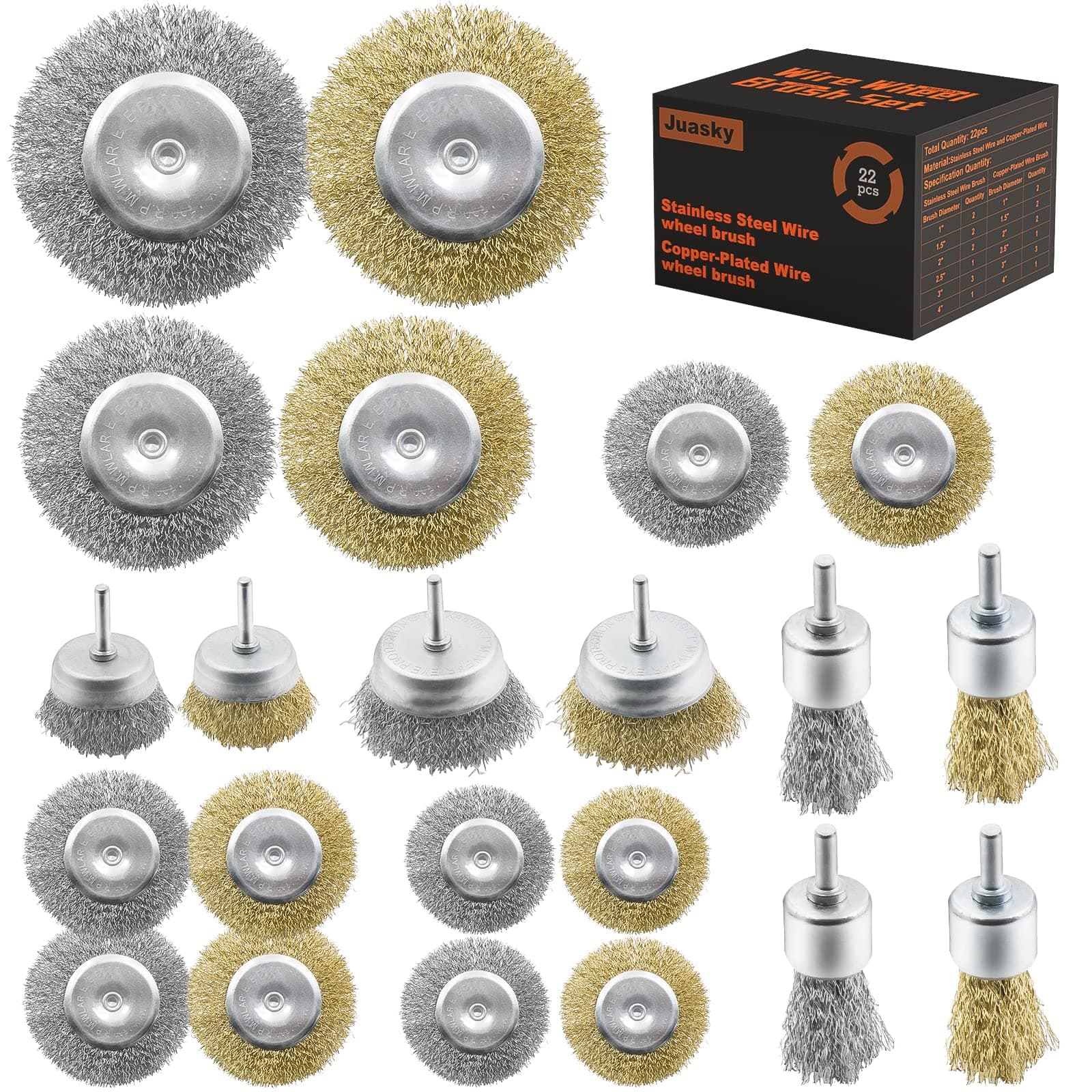 22pcs Wire Wheel Set, Die Grinder for Drill, 1/4" Shank Cup Brush, Stainless Steel, Copper-Plated Drill Attachment for Cleaning Rust, Corrosion, Paint
