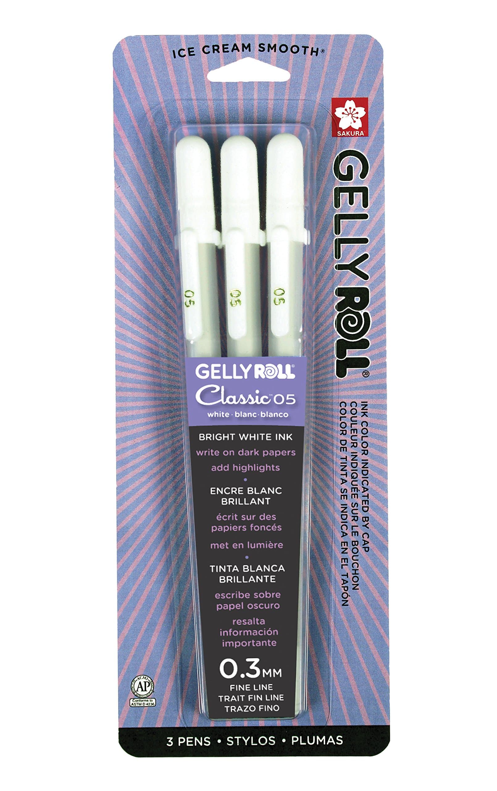 Gelly Roll Classic White 3 Pack, 05 Fine Pt., Opaque Gel Pens, Creamy Smooth Ink, Writes on Dark Paper