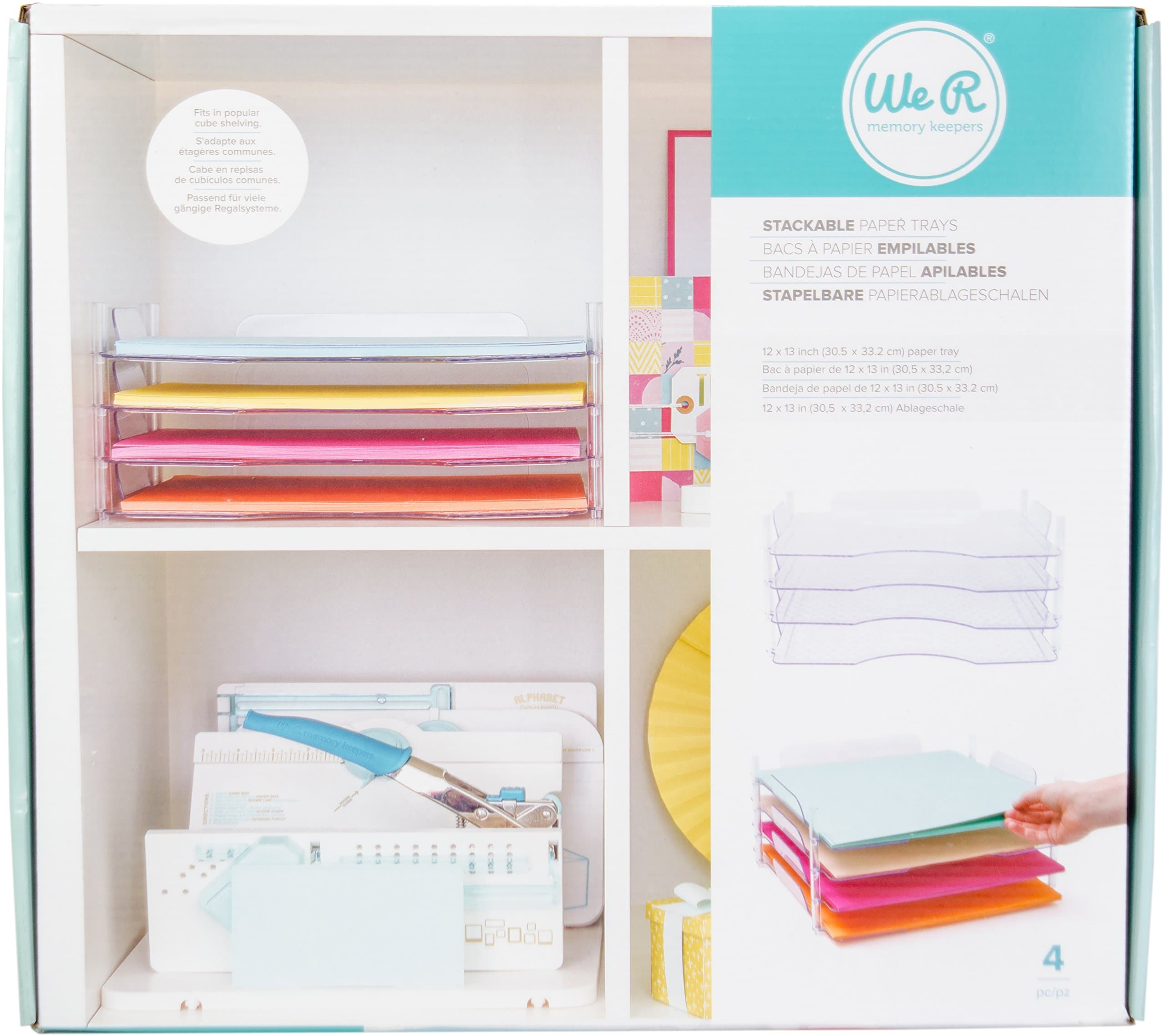 12x12 Inch 4-Pack Stackable Trays, for Storing Paper, Letters, Scrapbooking Tools, and More, Organization System, Easy Assembly and Storage