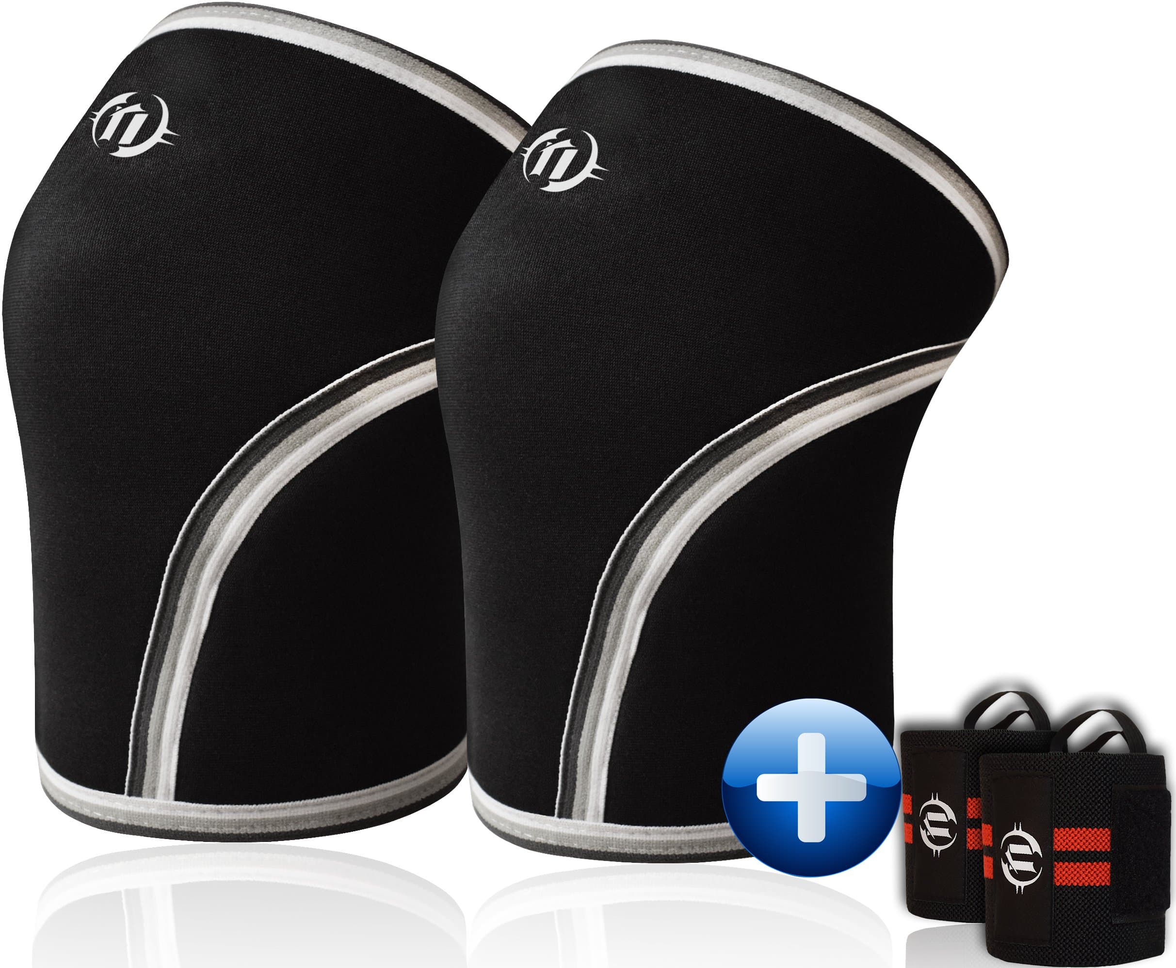 Premium Knee Sleeves (Pair) 7mm Neoprene - Compression & Support for Weightlifting, Powerlifting, Squats Gym. 1 Year Warranty - BONUS: Heavy Duty Wrist Wraps (Set of 2) (Black, X-Large)