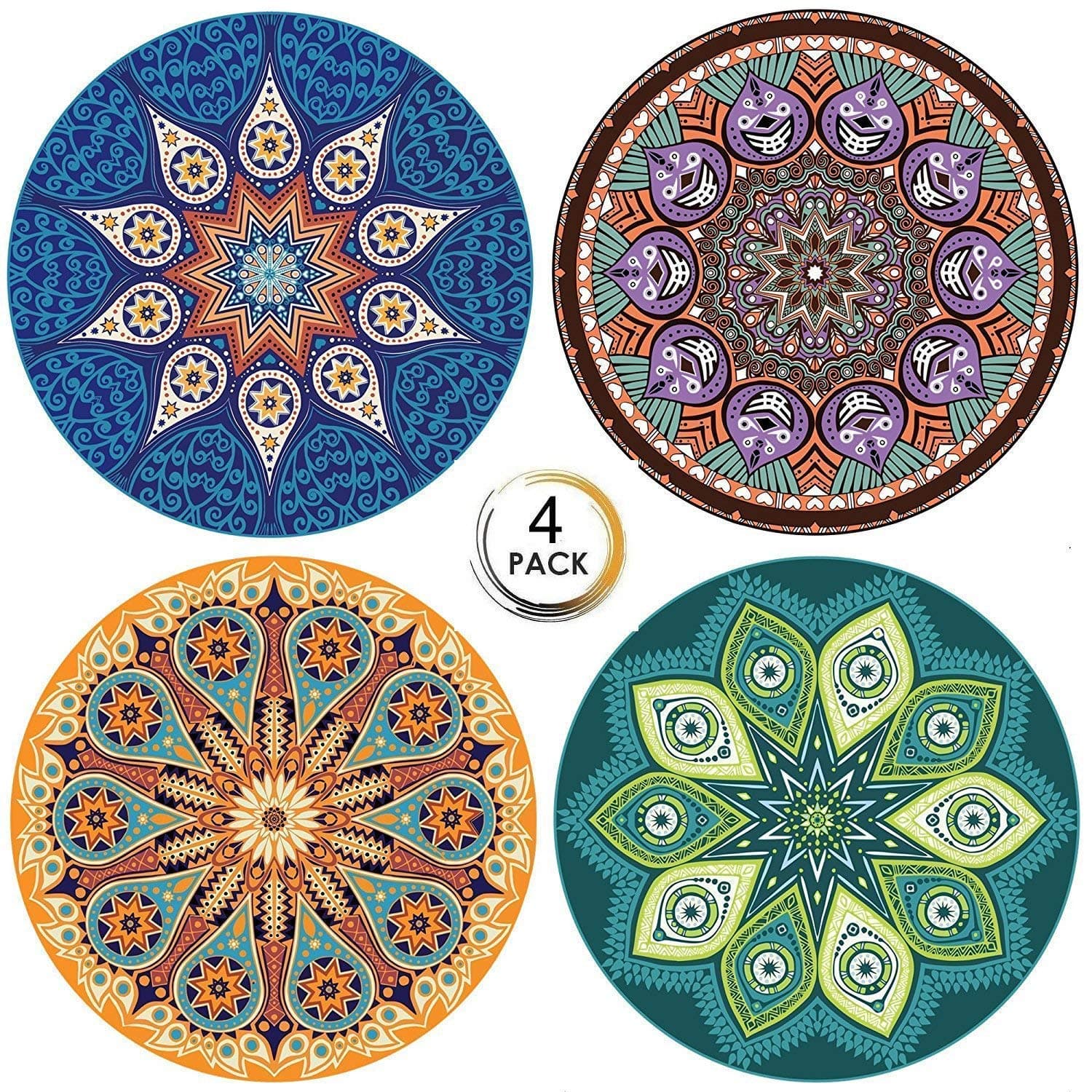 PBELE 4X Ceramic Coasters with Cork Absorbent Stone Style Coffee Drink Cup Mat, Bohemia Style-4pcs, 4inch