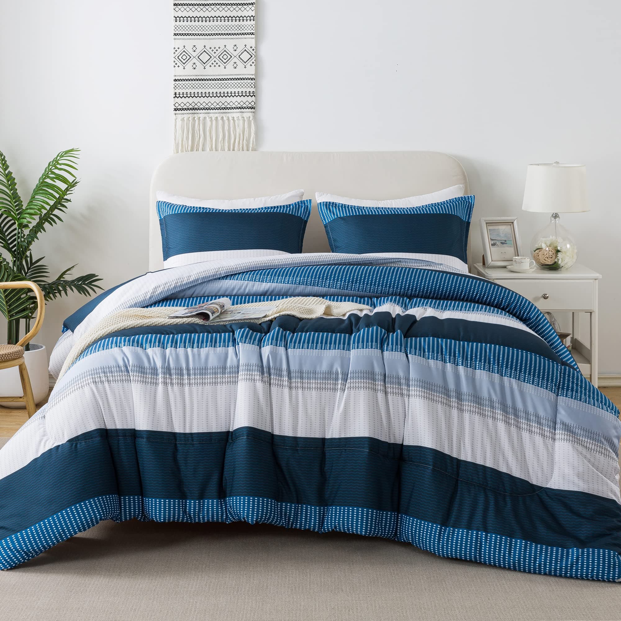 Litanika Navy Blue Comforter Full Size Set, 3 Pieces Bedding Set, Blue White Colorblock Stripe (79x90In Comforter & 2 Pillowcases)