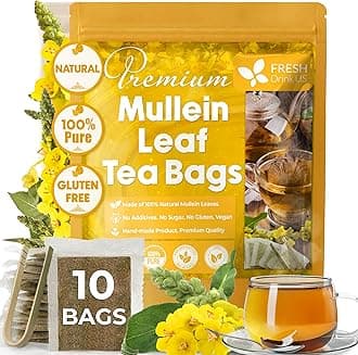 FreshDrinkUS, Premium 10 Mullein Leaf Tea Bags For Lungs, 100% Natural & Pure from Mullein Leaves. Loose Leaf Mullein Herbal Tea. Made with Natural Material Tea Bags. No Sugar, No Caffeine, No Gluten, Vegan.