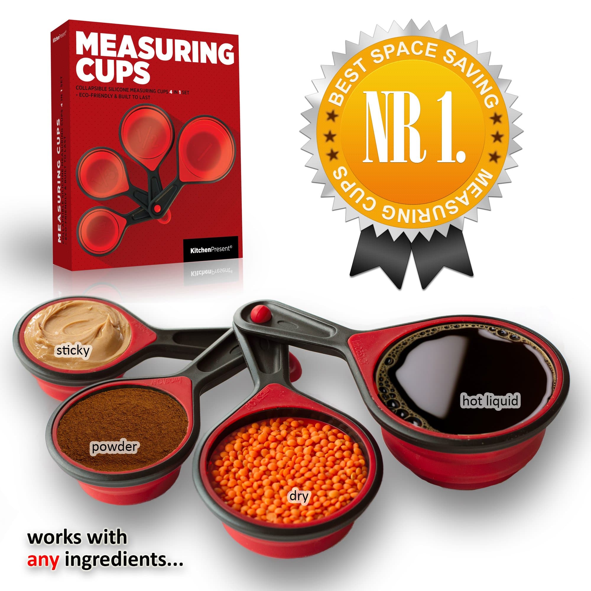 Collapsible Measuring Cups - Best Space Saving Silicone Measuring Cups 4 in 1 Set, Red & Black