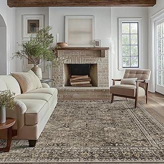 Area Rugs 9x12 for Living Room Bedroom, Vintage Machine Washable Stain Resistant Rug, Large Soft Low Pile Sage Charcoal Foor Mat with Non Slip Backing for Dining Room