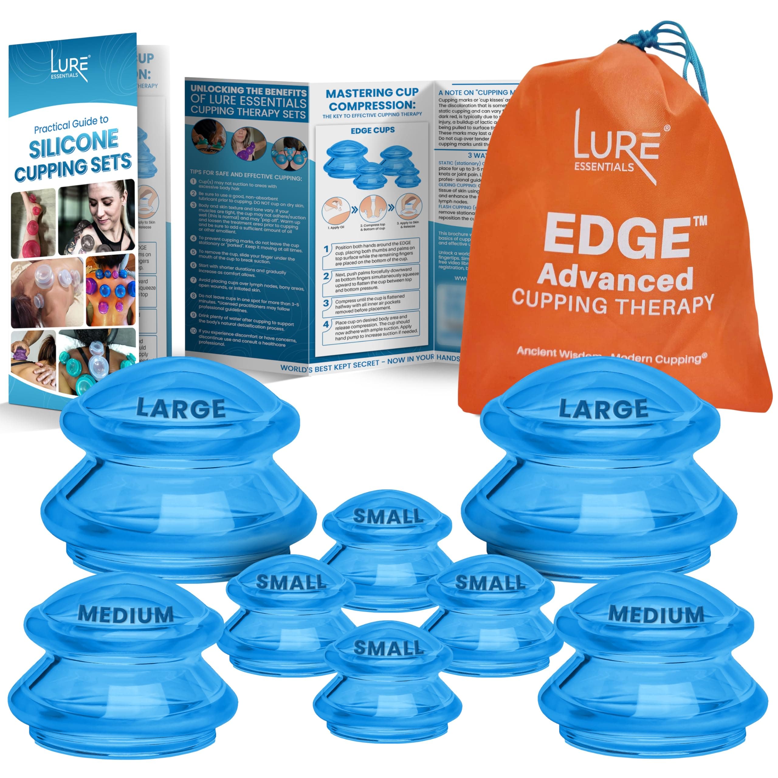 Lure Essentials Edge Silicone Cupping Set, Cupping Kit for Massage Therapy, Long Lasting Cups for Professional & Home Use, Body Sculpt Cup for Cellulite, Ultra Transparent Blue (8 Count)