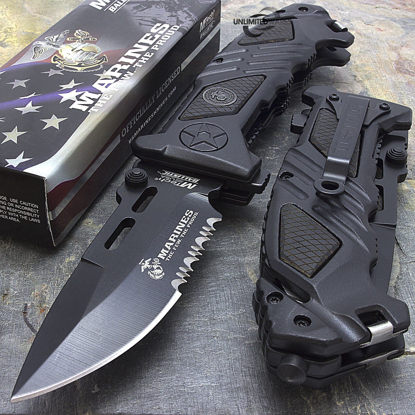 8.25" MARINES TACTICAL SPRING ASSISTED FOLDING KNIFE Blade Pocket Open