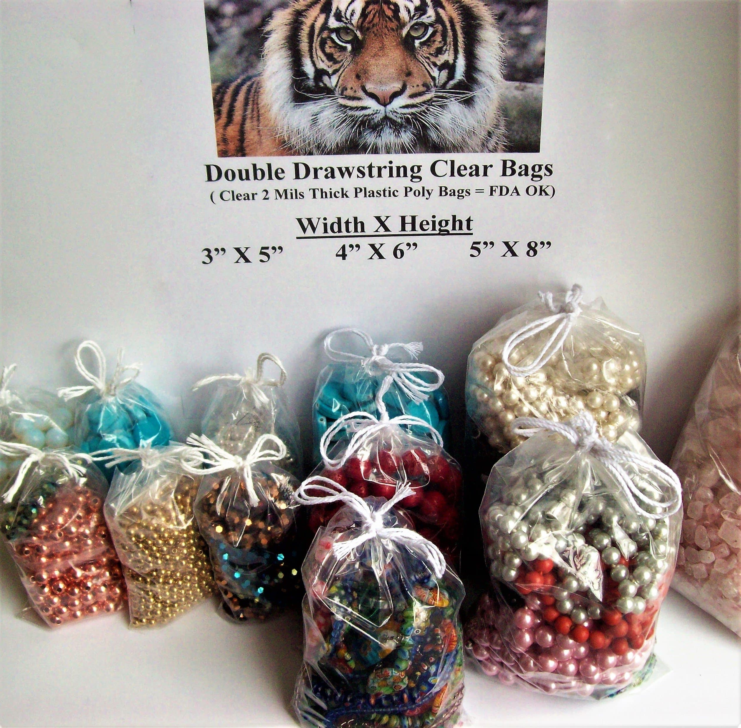 Tiger3ComboDDS 45+15FREE - 3 Combo Twin Drawstring Clear Plastic Pouches/Bags(3X5,4X6,5X8)