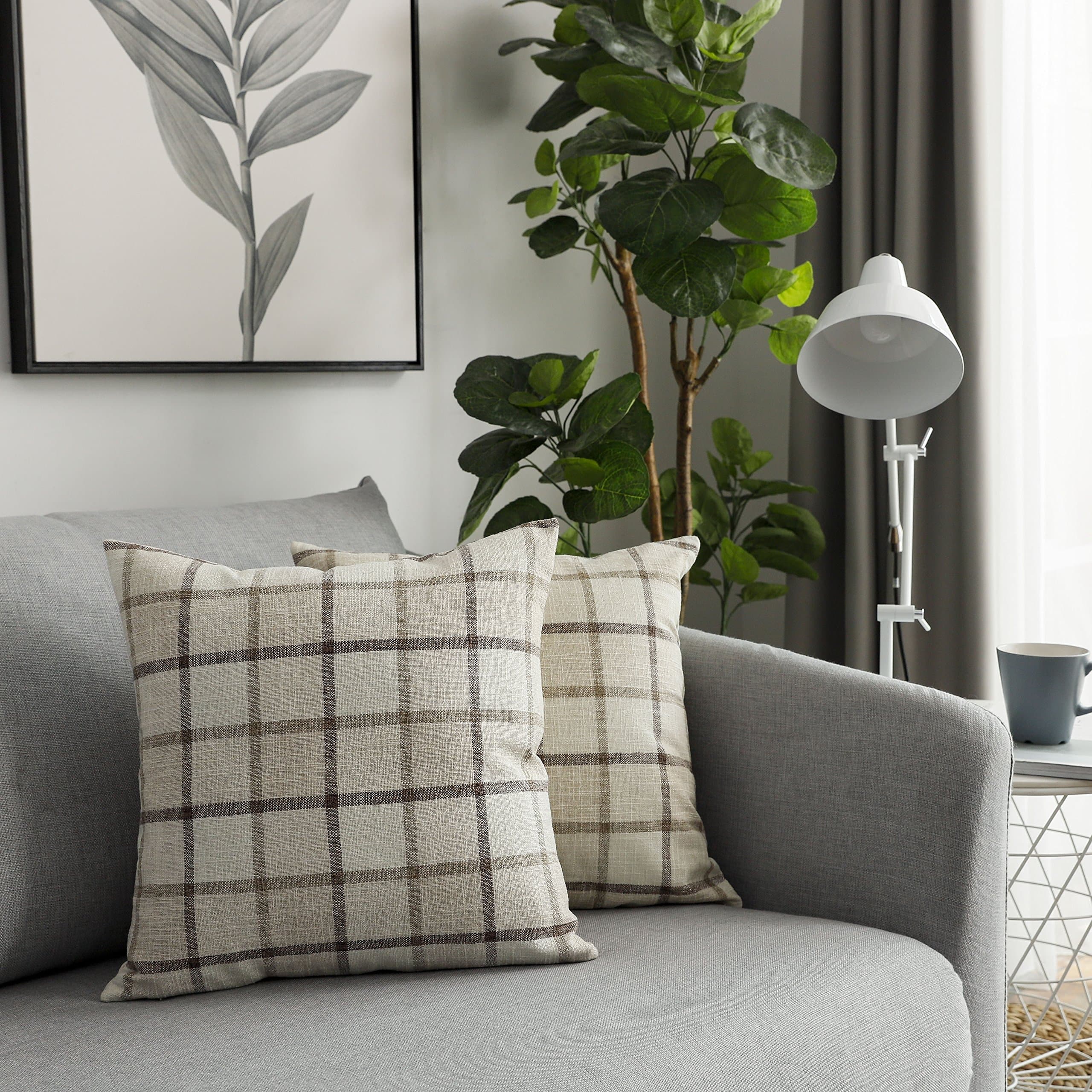 UGASA Decorative Square Throw Pillow Cases Classic Retro Checkered Plaids Cotton Linen Cushion Cover with Invisible Zipper Closure for Sofa, 18 x 18 Inch Set of 2, Natural + Beige