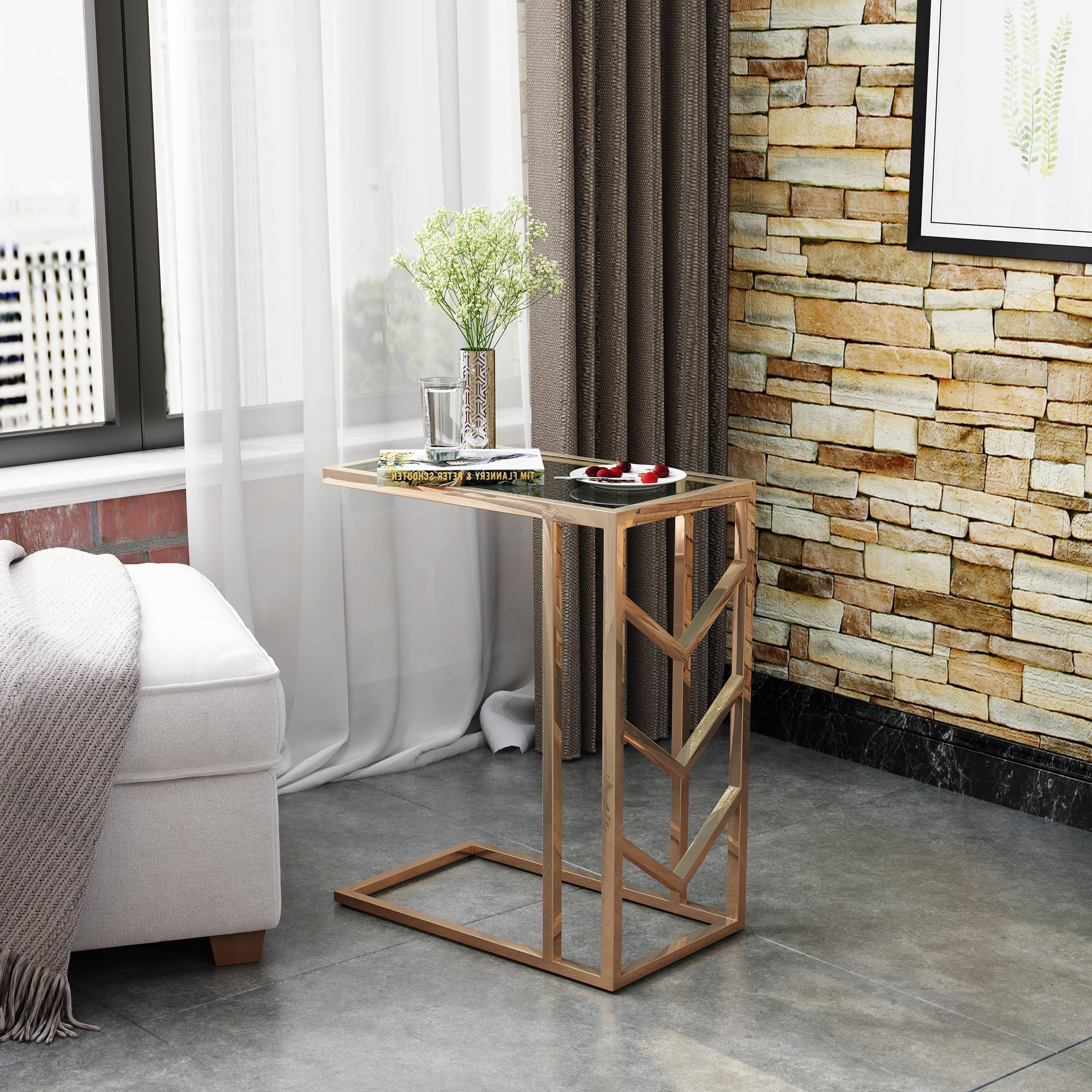 Christopher Knight Home Eero Glam Tempered Glass Side Table with Stainless Steel Frame, Rose Gold Finish