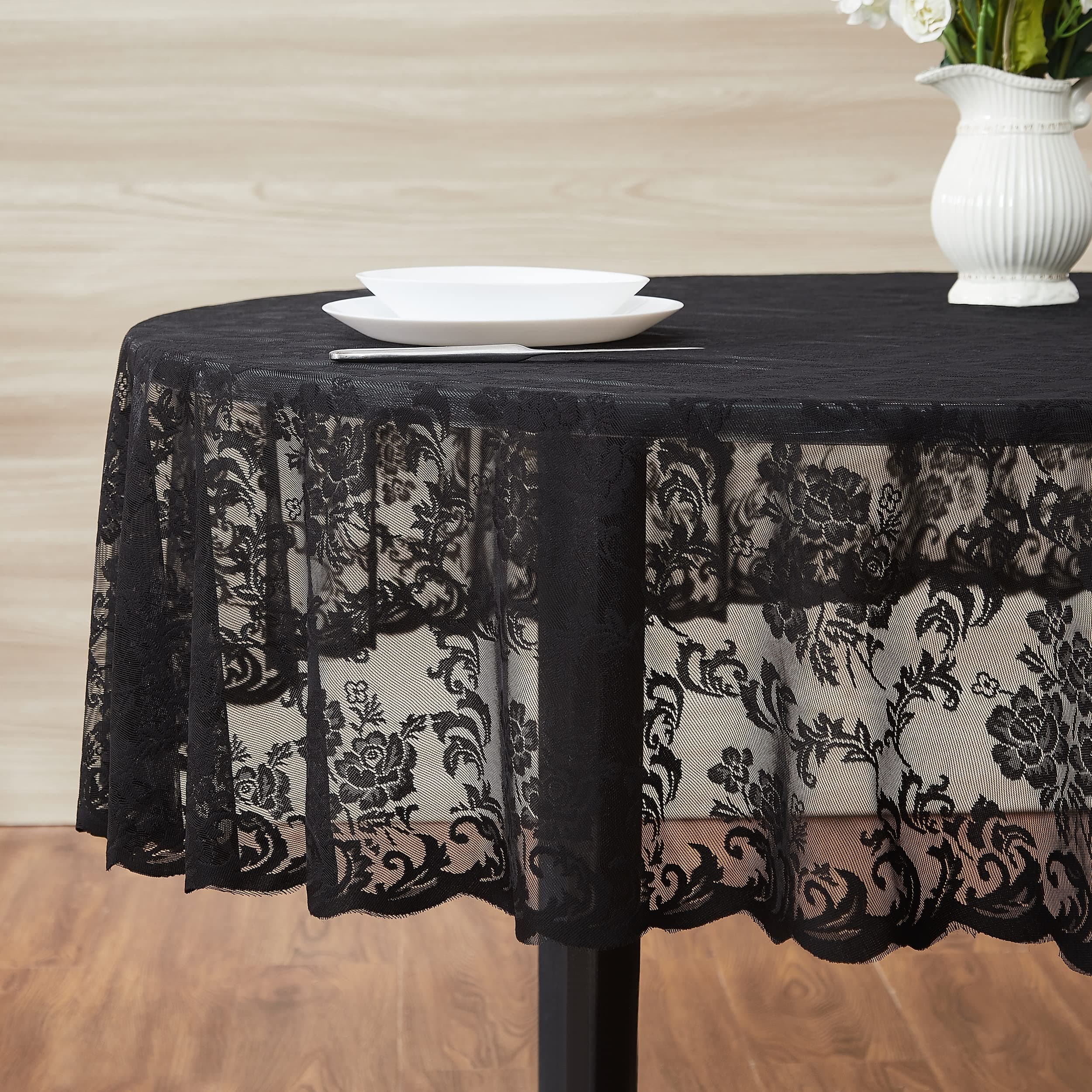 WARM HOME DESIGNS Gothic Tablecloth. 36 Inch Black Round Table Cover. Elegant Small Halloween Tablecloth for Small Tables Features Floral Design for Rustic Kitchen or Wedding Decor. MTC Black Round 36