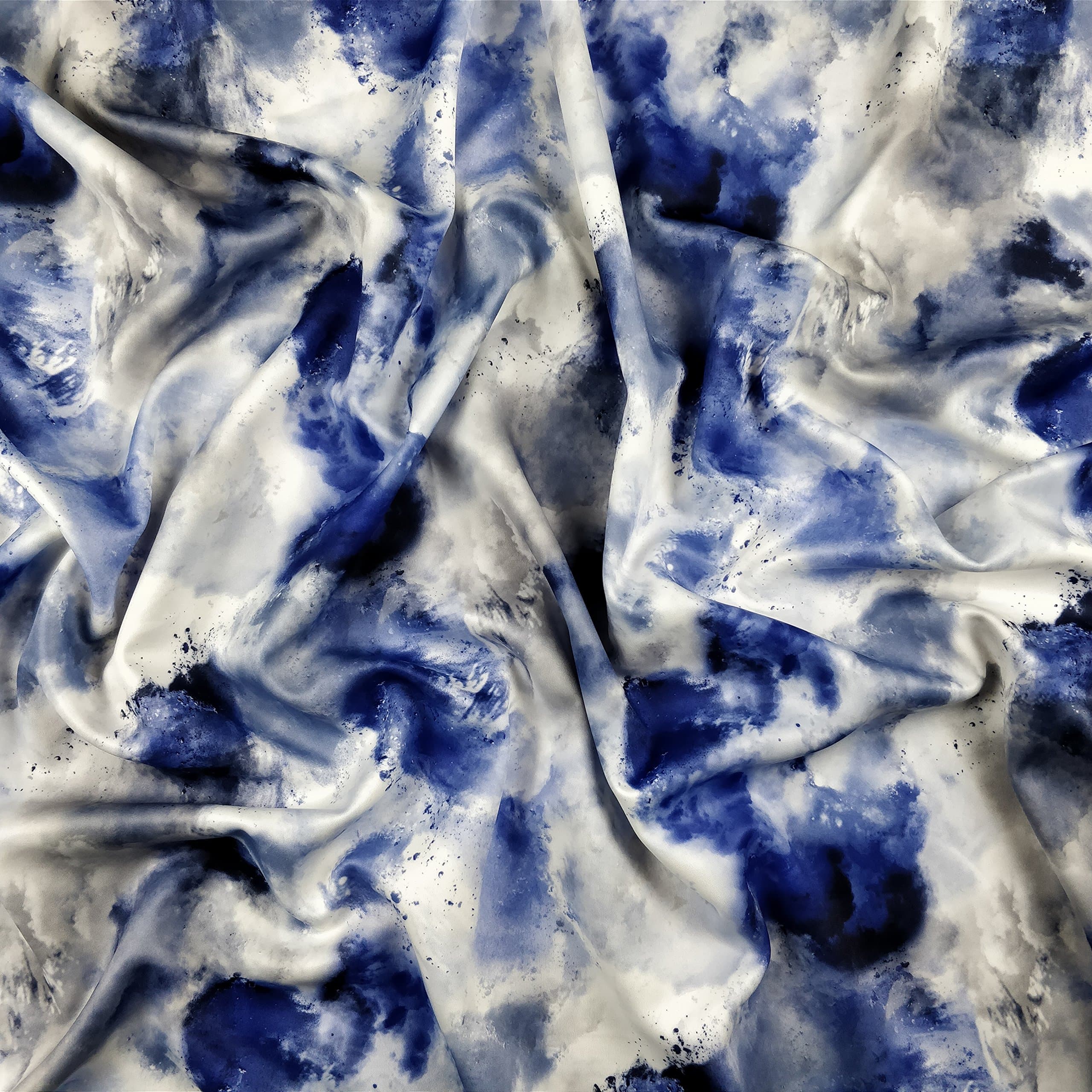 FS116 Tie Dye Effect Blue White Clouds Water Effect Print Jersey Scuba Stretch Fabric