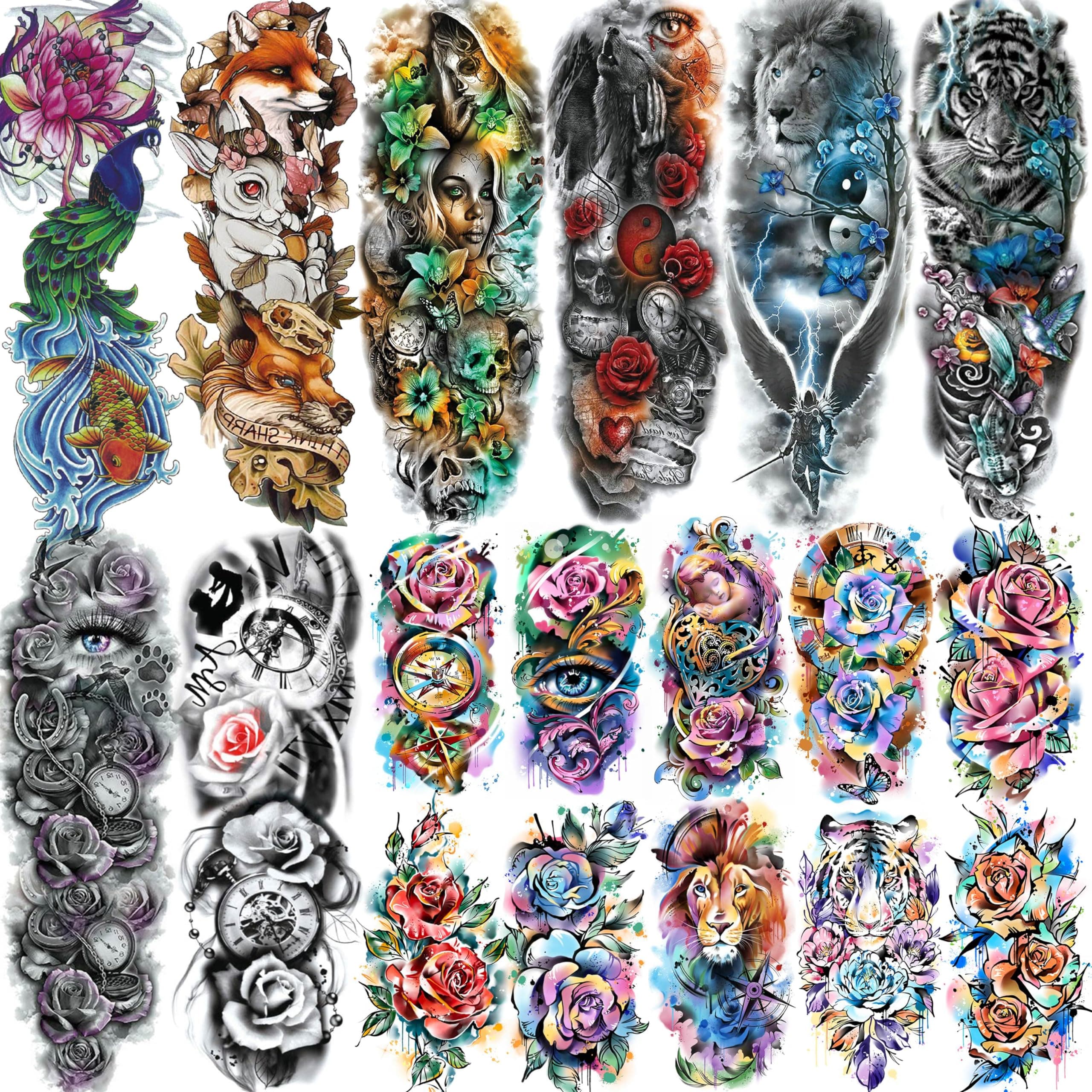 18 Sheets Large Full Arm Temporary Tattoos For Adults, 8 Sheets Peocock Lion Wolf Tiger Compass Flower Fake Sleeve Tattoos For Women Thigh, 10 Sheets Watercolor Rose Half Arm Tatoos Stickers