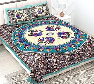 RajasthaniKart® Comfort Rajasthani Jaipuri Traditional Sanganeri Print 144 TC Cotton Double Bedsheet with 2 Pillow Covers - King