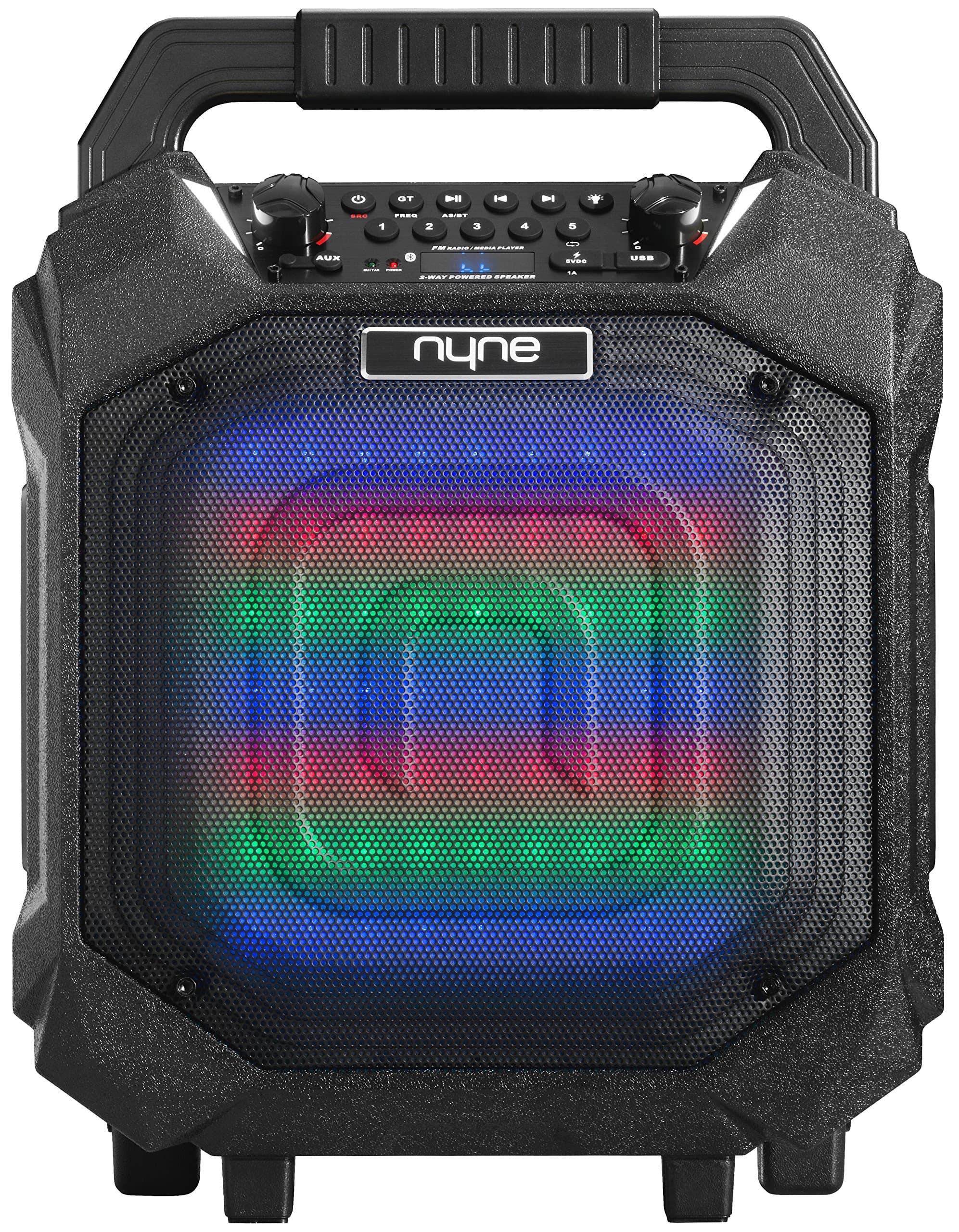Nyne Performer + Portable Bluetooth Speaker Featuring FM Tuner, Wired Microphone + Guitar Input, LED Lights, Retractable Handle and Wheels