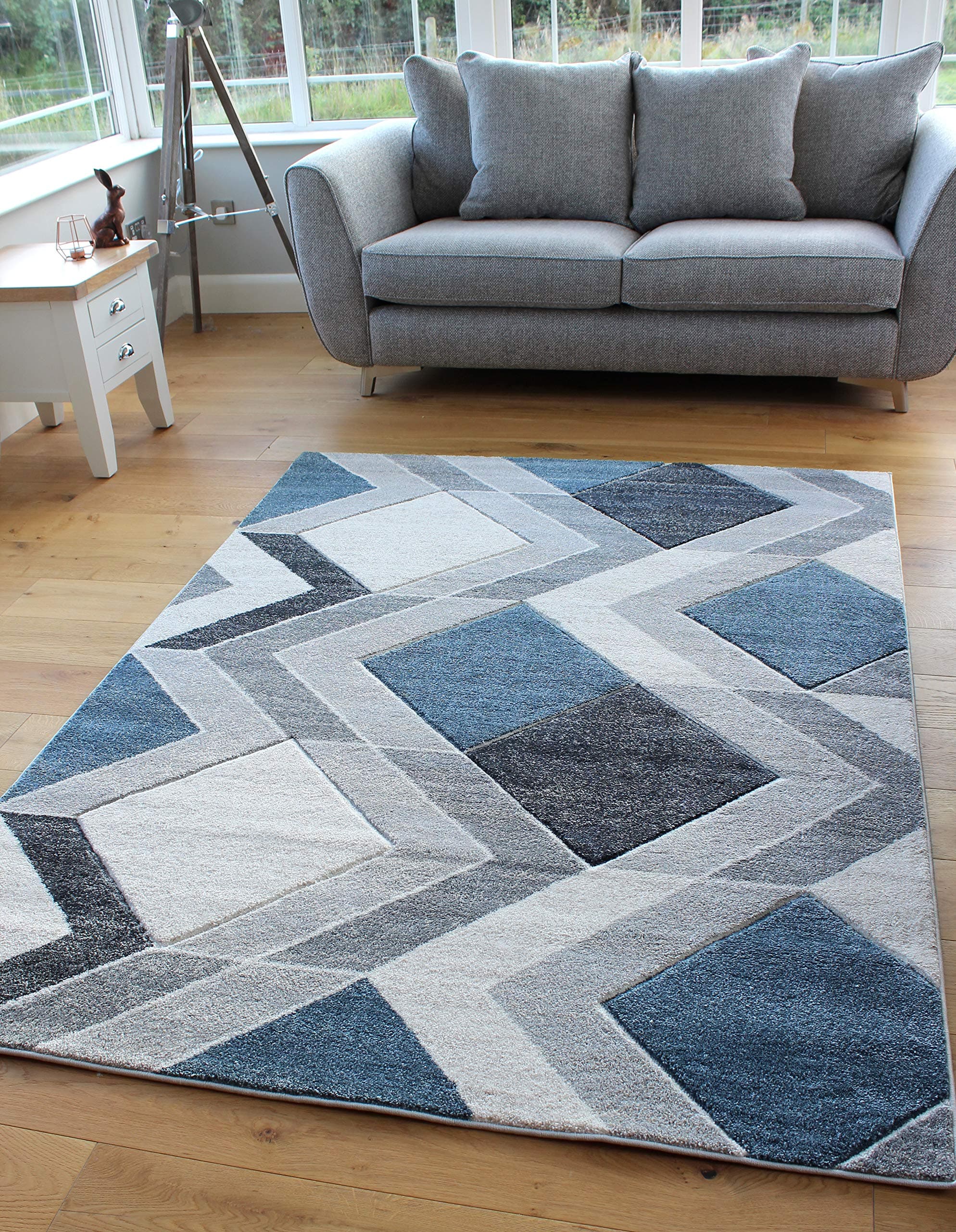 Small Large Light Blue Beige Cream Silver Grey Geometric Design Rugs Runners Mats (60x120cm)
