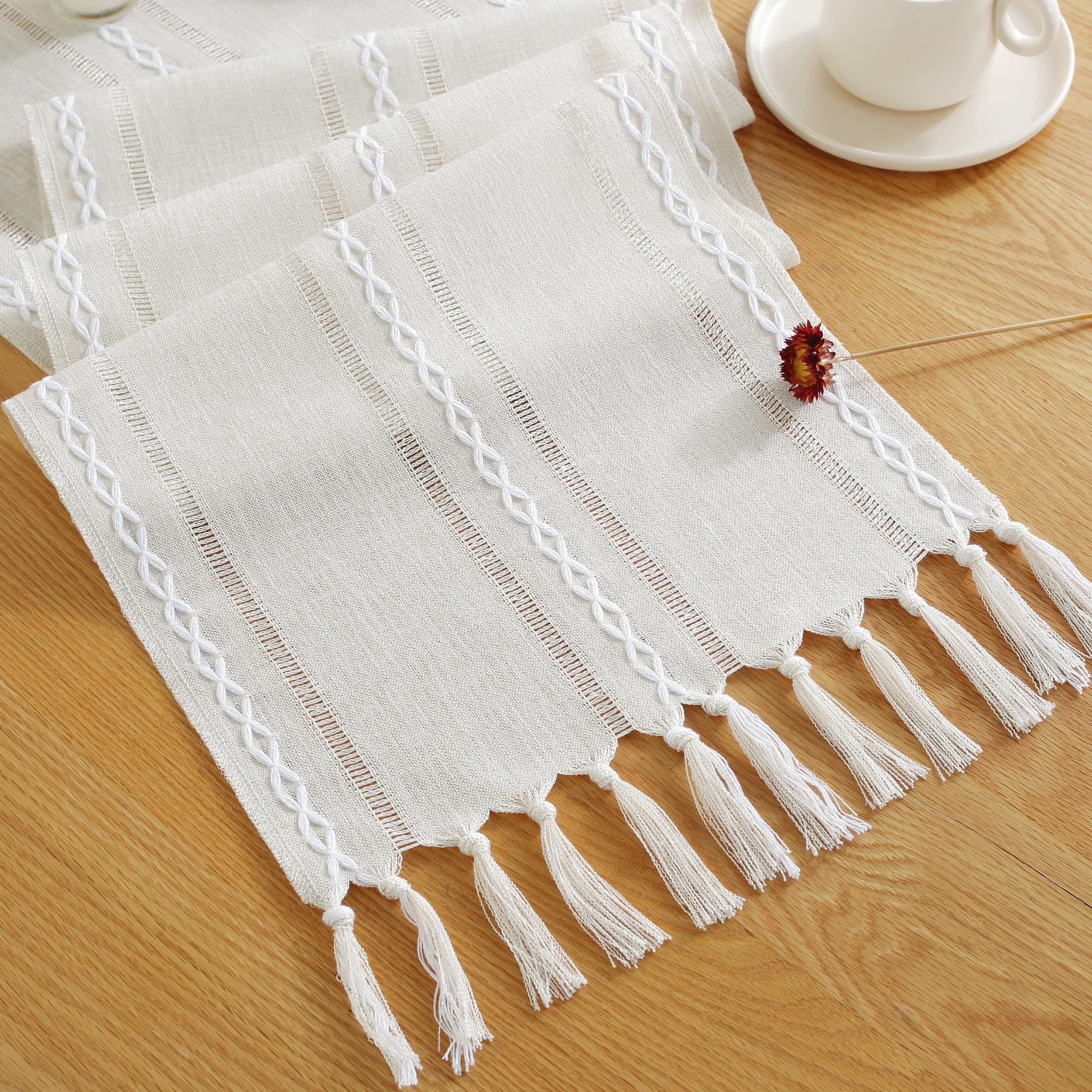 JIALE Table Runner, Rustic Farmhouse Table Runners with Tassels, Boho Cotton Linen Table Runner for Table Decorations, Holiday Party and Wedding, 72 Inches, Ivory