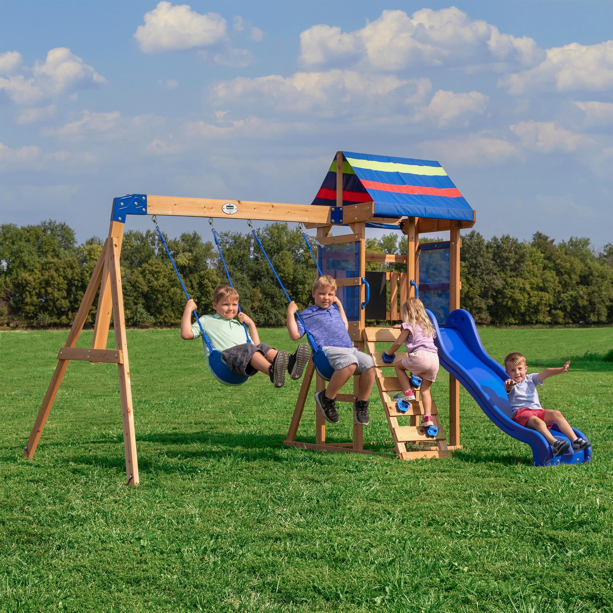Backyard Discovery Bay Pointe Cedar Wood Swing Set with Wave Slide, Play Deck, Rock Wall Ladder, Belt Swings, Chalkboard, Canopy Roof, Outdoor Playset