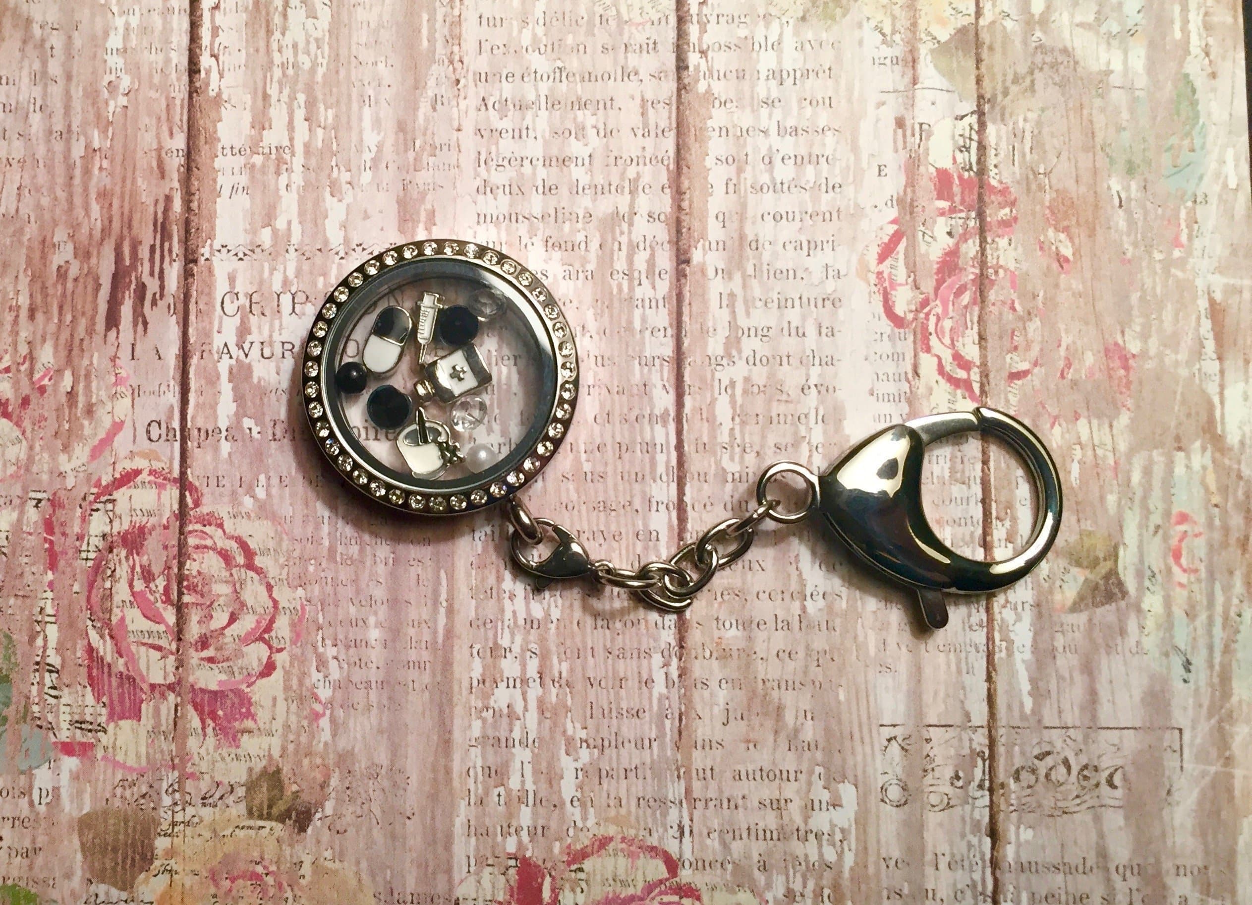 Pharmacy RX memory locket key chain purse clip with floating charms
