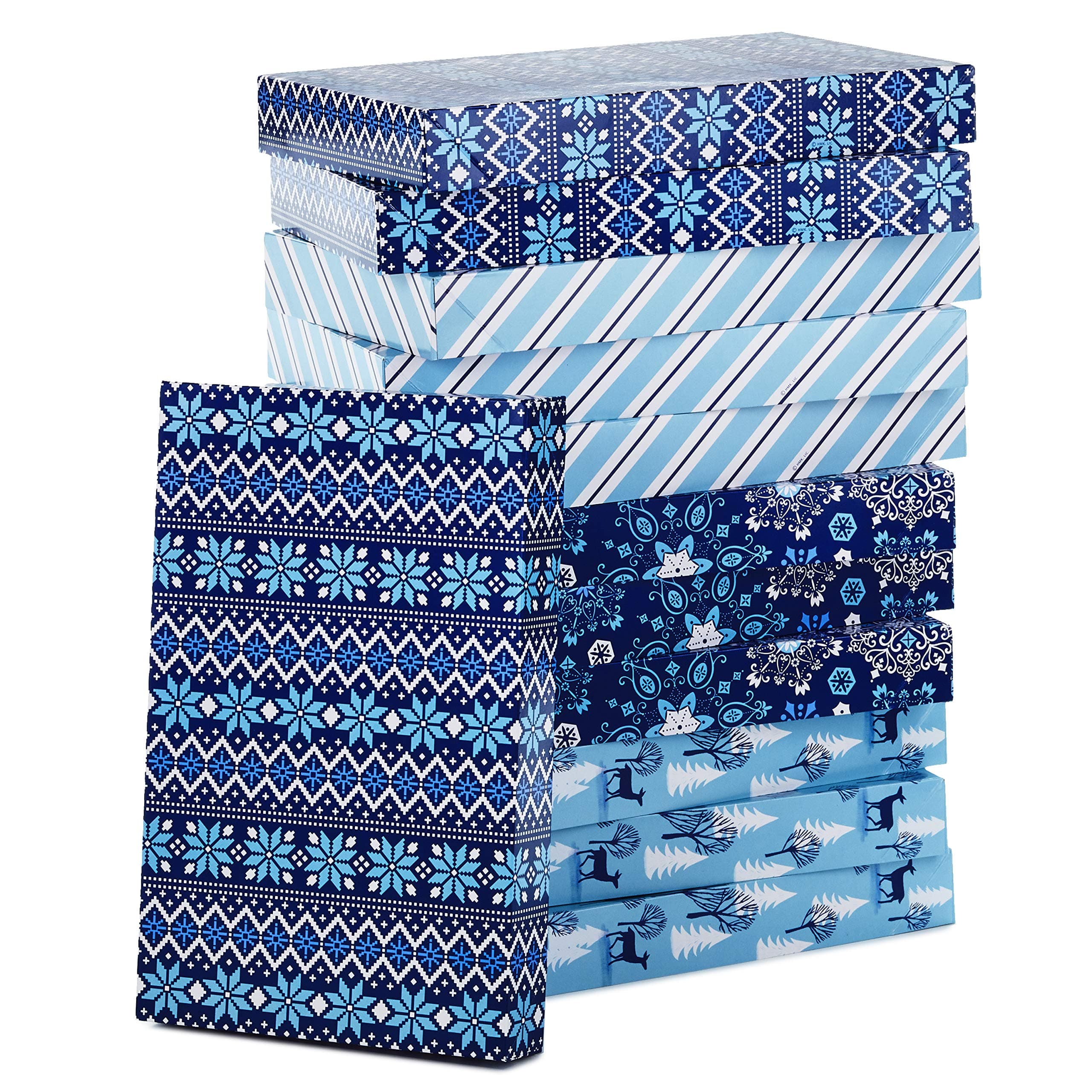 Hallmark Medium Holiday Gift Boxes with Lids (12 Shirt Boxes, 4 Designs: Snowflakes, Stripes, Sweater Pattern, Reindeer) for Christmas, Hanukkah, Holiday Parties, Hostess Gifts