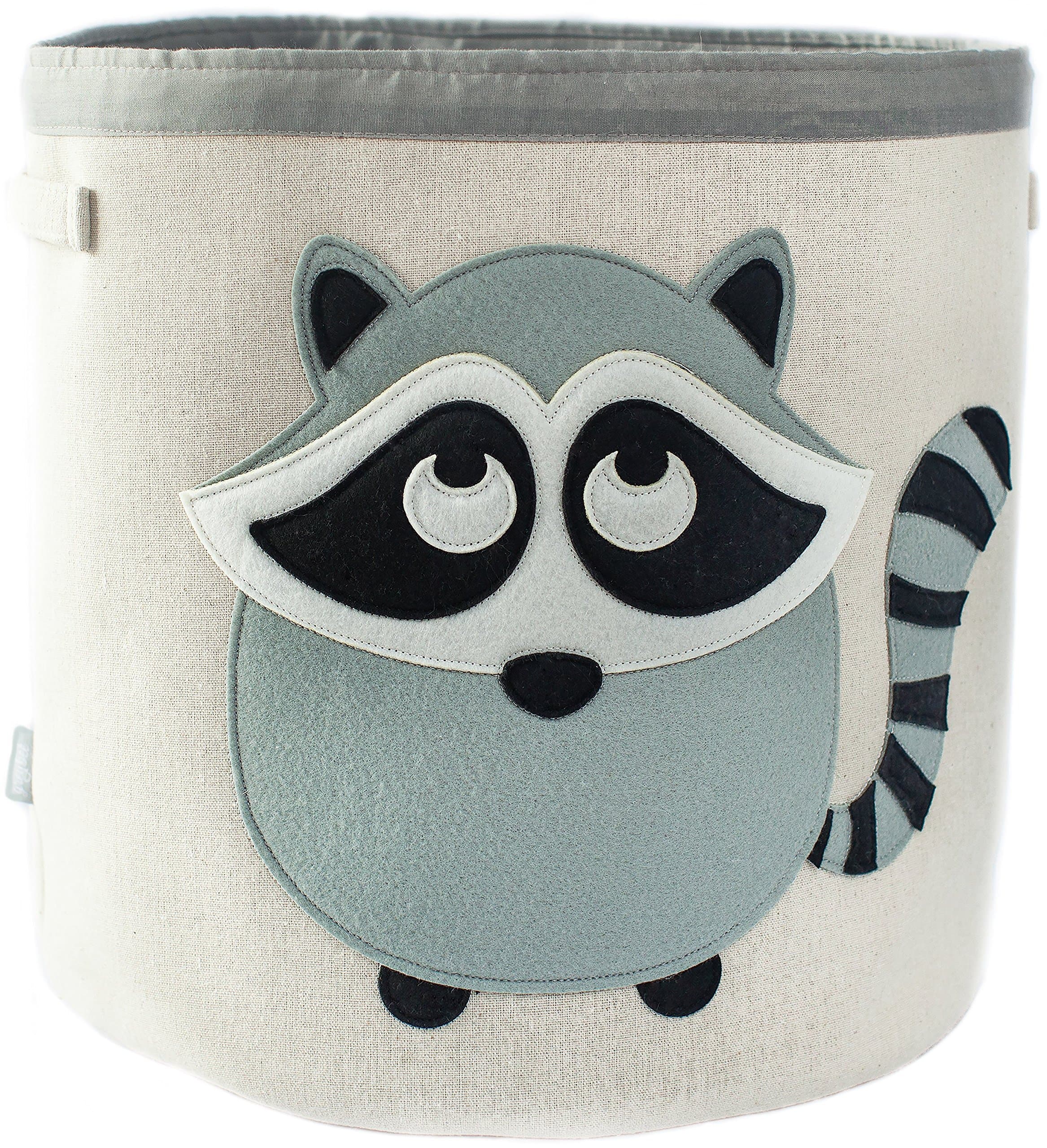 Grey Bee Animal Theme Large Collapsible Canvas Fabric Storage Bin | Play Room or Nursery Hamper, Toy Box | Grey Raccoon