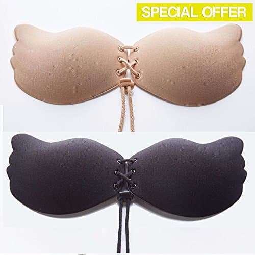 Strapeless angel wing bra with drawstring in the middle (sticky pads) (Nude, A/B)