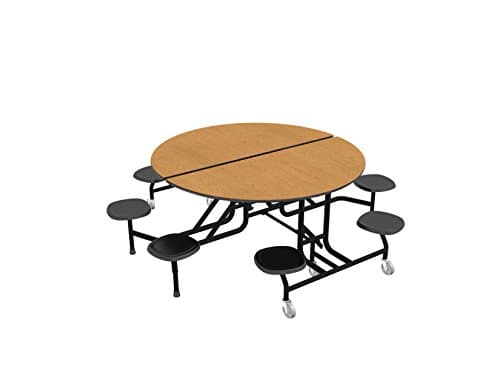 Palmer Hamilton 59T Easy Folding 60" Round Mobile School Table, 29"H, 8 Stools, Oak/Black, Cafeteria, Breakroom Table