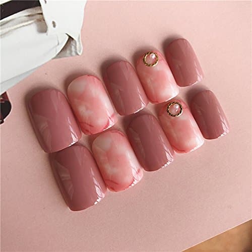 24 Pcs False Nail Art Tips - Full Cover Acrylic Predesigned False Fake Nails with 24 Counts Adhesive Tab ,Perfect Gift ! (Cameo Brown Shading Marble)