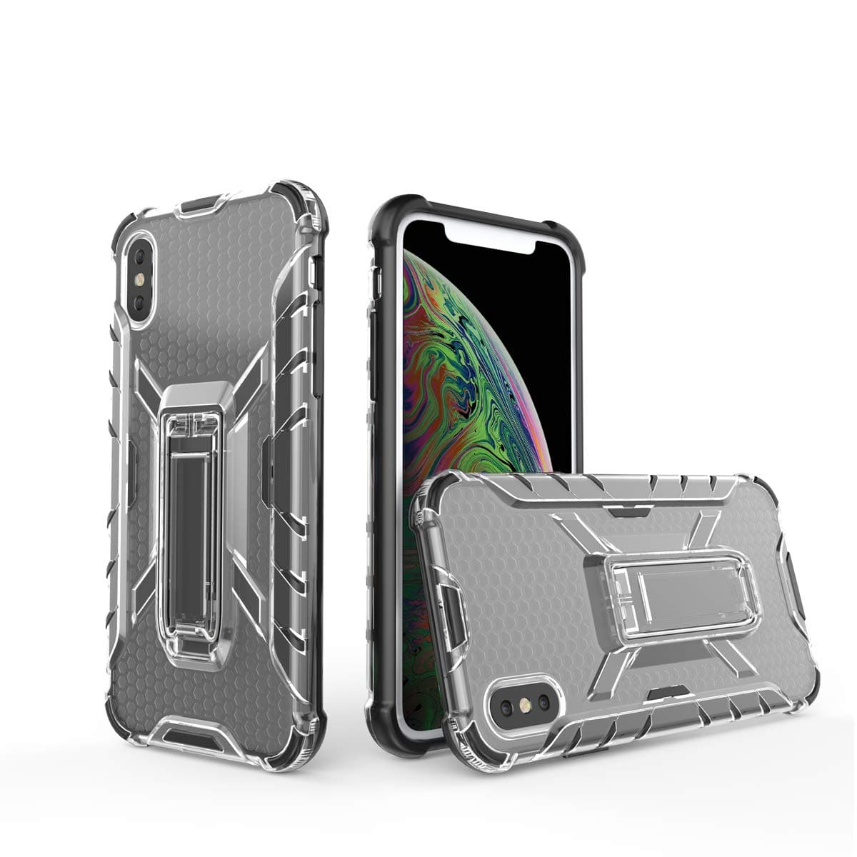 Molzar Kickstand Series iPhone Xs Max Case, Vertical and Horizontal Stand, Hard PC Back and Flexible TPU Frame with Bumper Corner, Drop Protection,Compatible with iPhone Xs Max,Translucent Black/Black