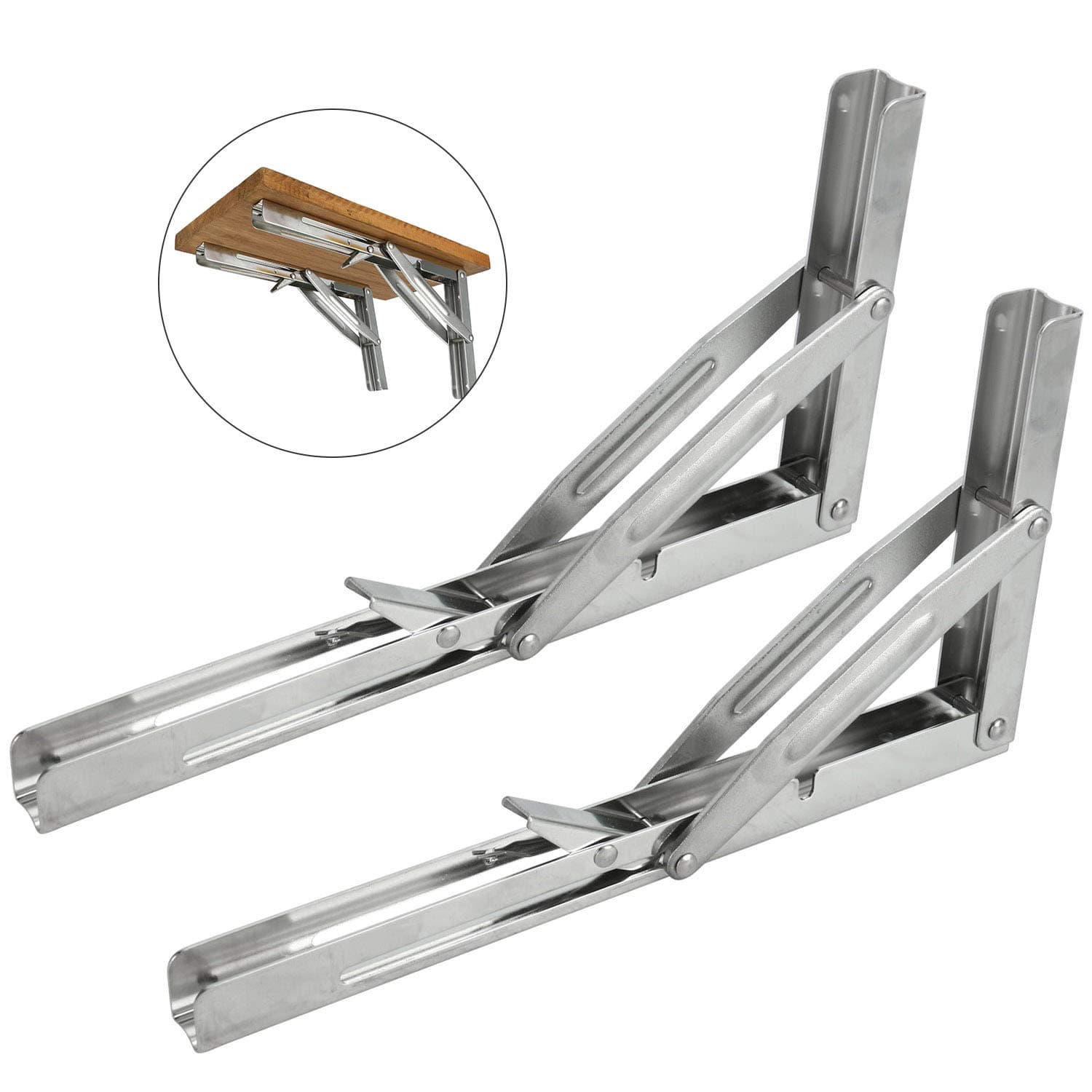 DasMarine 2pcs Polished 304 SS Wall Mounted Folding Shelf Bracket Support for Table Bench Desk Support Bracket (Mounting Screws and Board not Included) Short Release Arm, 300KG/660LBS Max Load