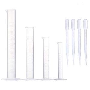 Measuring Cylinder Set, 4 Sizes Graduated Polypropylene Lab Test Tubes in 100 ml, 50 ml, 25 ml, 10 ml for Laboratory, Science Experiments with 4 Plastic Droppers in 3 ml