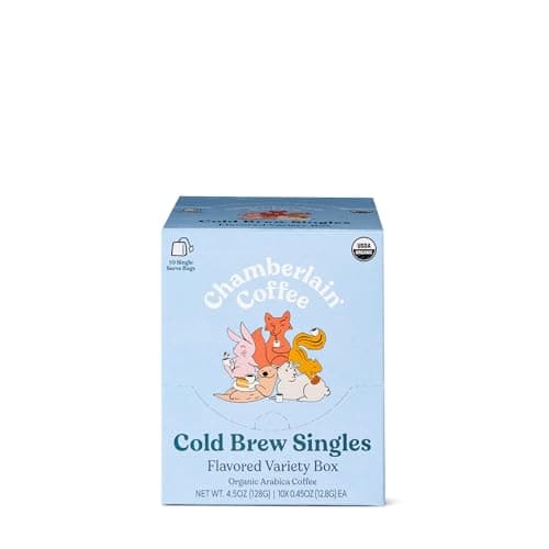 Chamberlain Coffee Cold Brew Singles Assortment Pack - Cold Brew Coffee Grounds - Hot or Ice Brew - Organic Coffee Single Serving Bags - 10 Cold Brew Bags