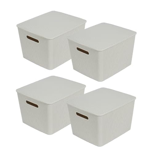 Glad Storage Baskets with Lids - Set of 4 Stackable Plastic Boxes with Handles - Decorative Shelf Organizer Bins for Bathroom and Closet, Grey, 4.7 Gallon
