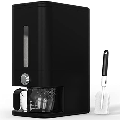Rice Dispenser - 26.5 lbs Rice Storage Container with Measuring Cup, Rice Scoop & Sponge – Large Cereal Grain Bucket with Scale for Kitchen Pantry Organization, BPA-free, Airtight (Black)
