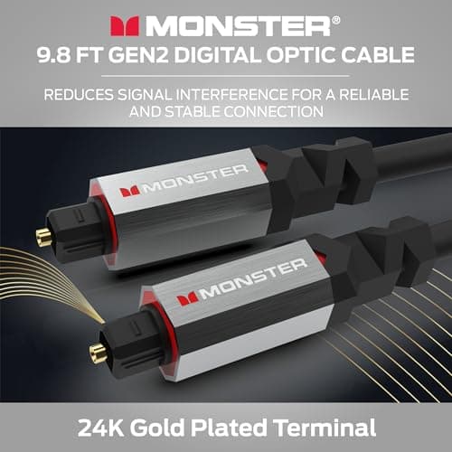 Monster Gen2 Essentials Digital Optical Toslink Cable - Crisp and Clear Surround Sound for Home Theaters and Streaming or Gaming Systems - 9.8 Feet Black Cable