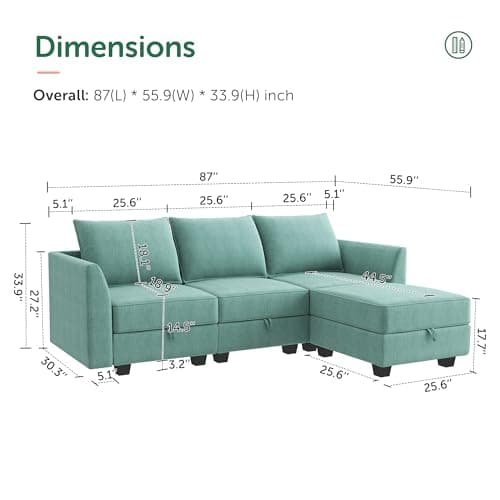 HONBAY Reversible Sectional Sofa Couch, Modern Apartment L-Shaped Couch Modular Sectional Sofa with Storage, Aqua Blue
