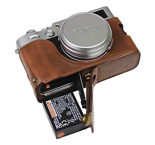 Bottom Opening Version for Fuji Fujifilm x100v Protective PU Leather Half Camera Case Bag with Tripod Design with Hand Strap Dark Brown