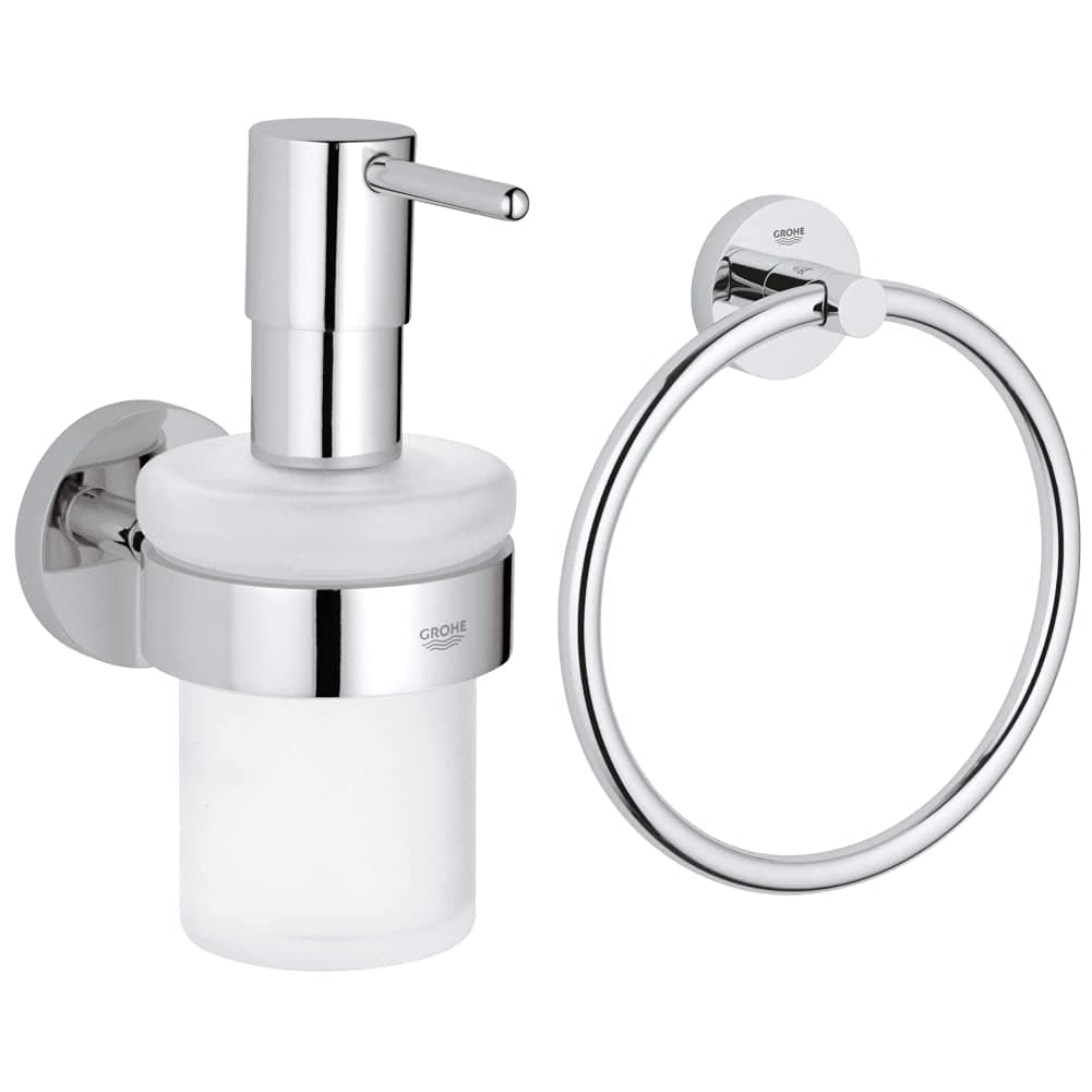 Essentials Holder with Soap Dispenser Set –, Suitable for Gluing, Chrome, 40448001 & Essentials Towel Ring – Bathroom Towel Holder, Suitable for Gluing, Size 20 cm, Chrome, 40365001
