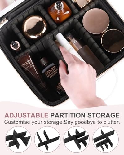 Makeup Bag with LED Mirror, Makeup Organizer Train Case with 1X,2X,3X Vanity Mirror, Adjustable Brightness in 3 Color Settings, Portable Make up Bag with Brush Holder & Storage Dividers, White