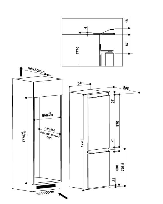 Ariston Built In Refrigerator 258 Liters, 2 Doors Fridge With Bottom Freezer & Right Reversible Door Hinge, LED Interior Light, 7 Segments Electronic Control, Made In Italy, White, BCB7030DEX