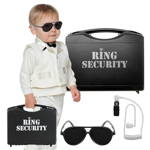 Wedding Ring Security Box with Black Sun Glasses and Top Secret Spy Ear Piece Ring Bearer Gifts Special Agent Ring Bearer Suitcase for Kids